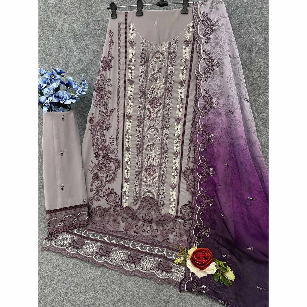 Light Lavender Floral Design Dress Material Crafted from Lightweight Georgette Fabric