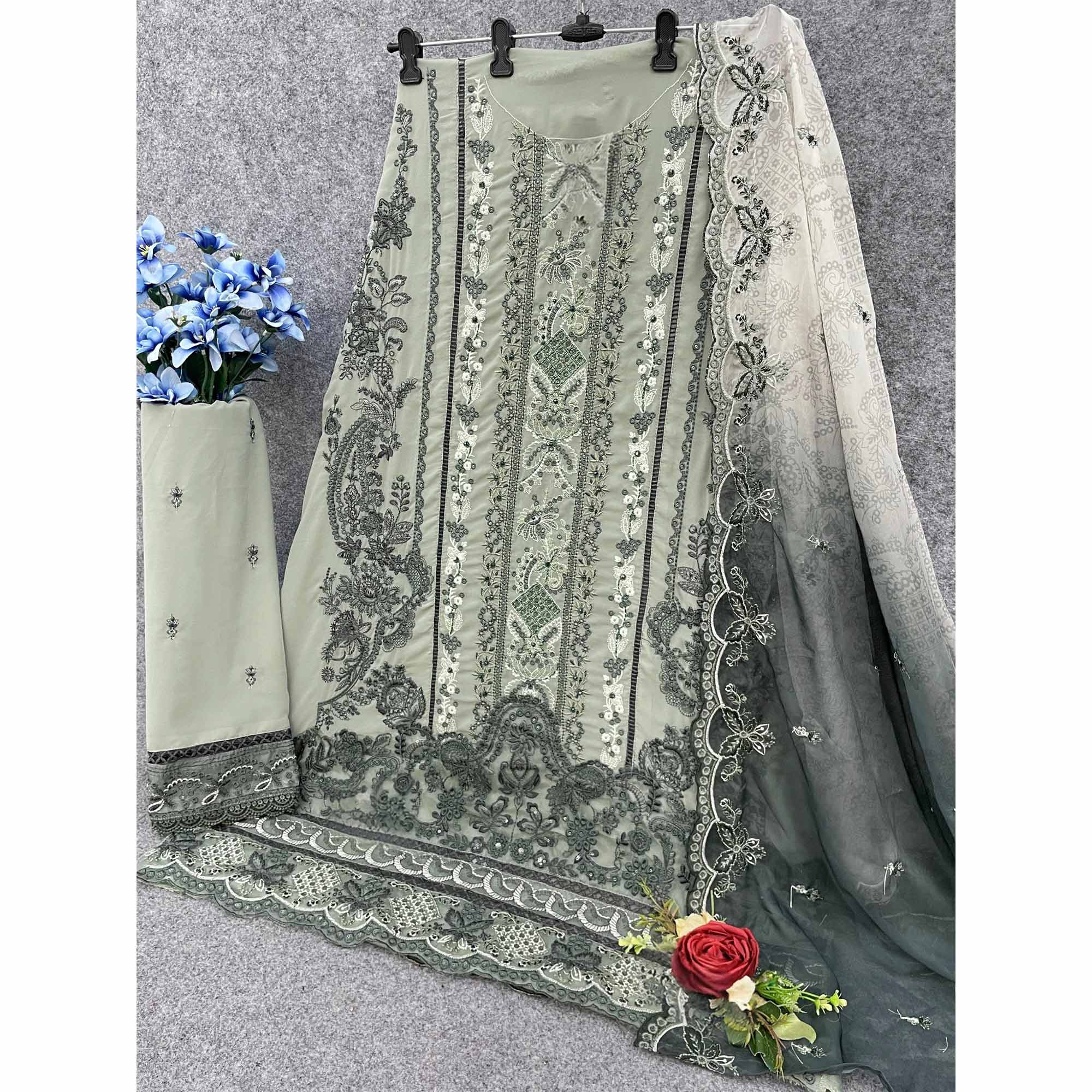 Dusty Green Floral Design Dress Material Crafted from Lightweight Georgette Fabric