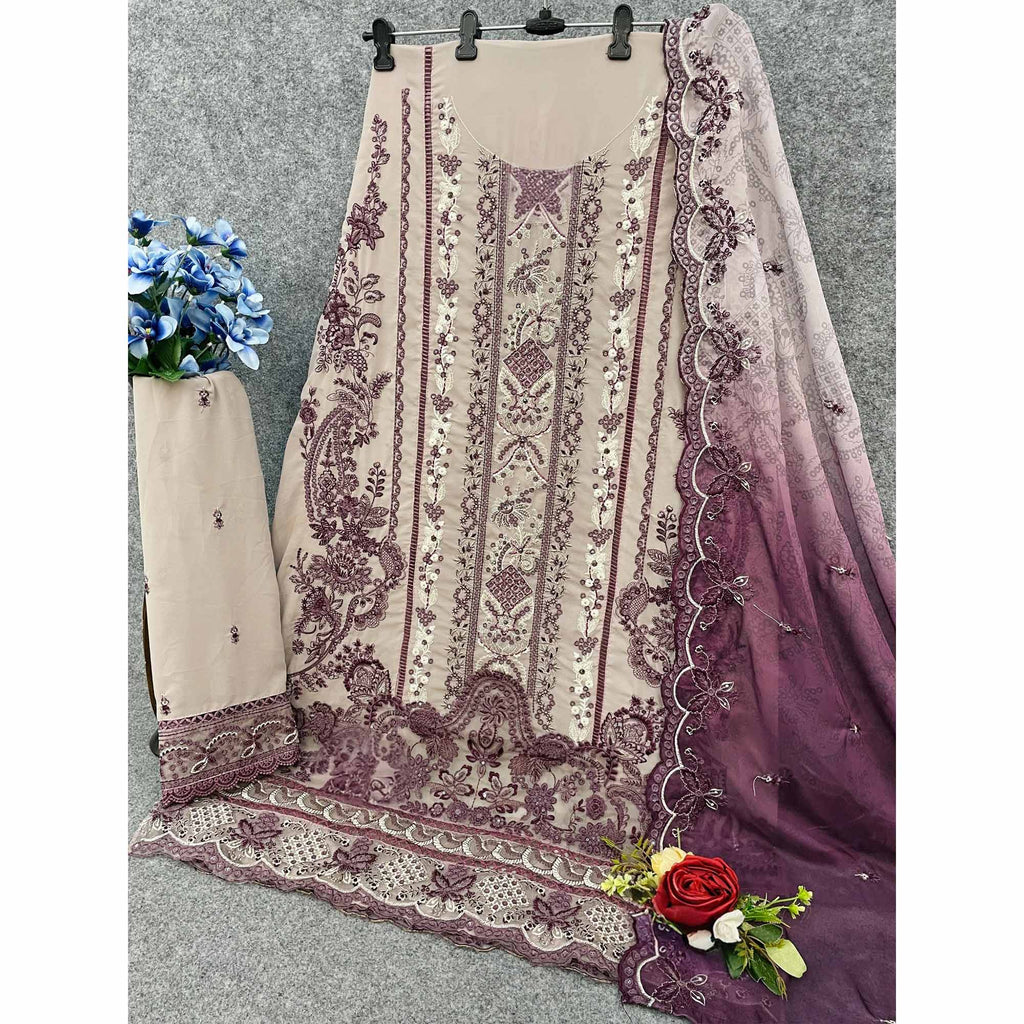 Beige Floral Design Dress Material Crafted from Lightweight Georgette Fabric