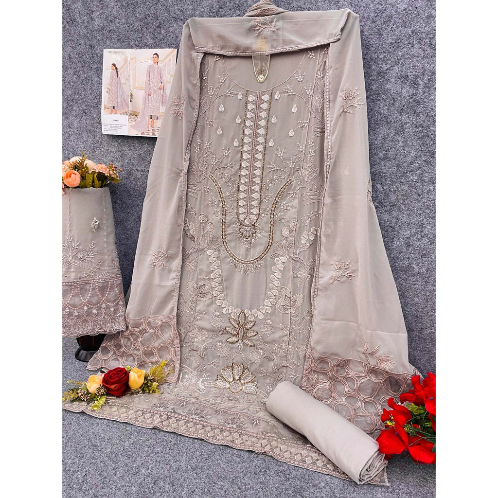 Light Grey Floral Design Dress Material Crafted from Lightweight Georgette Fabric