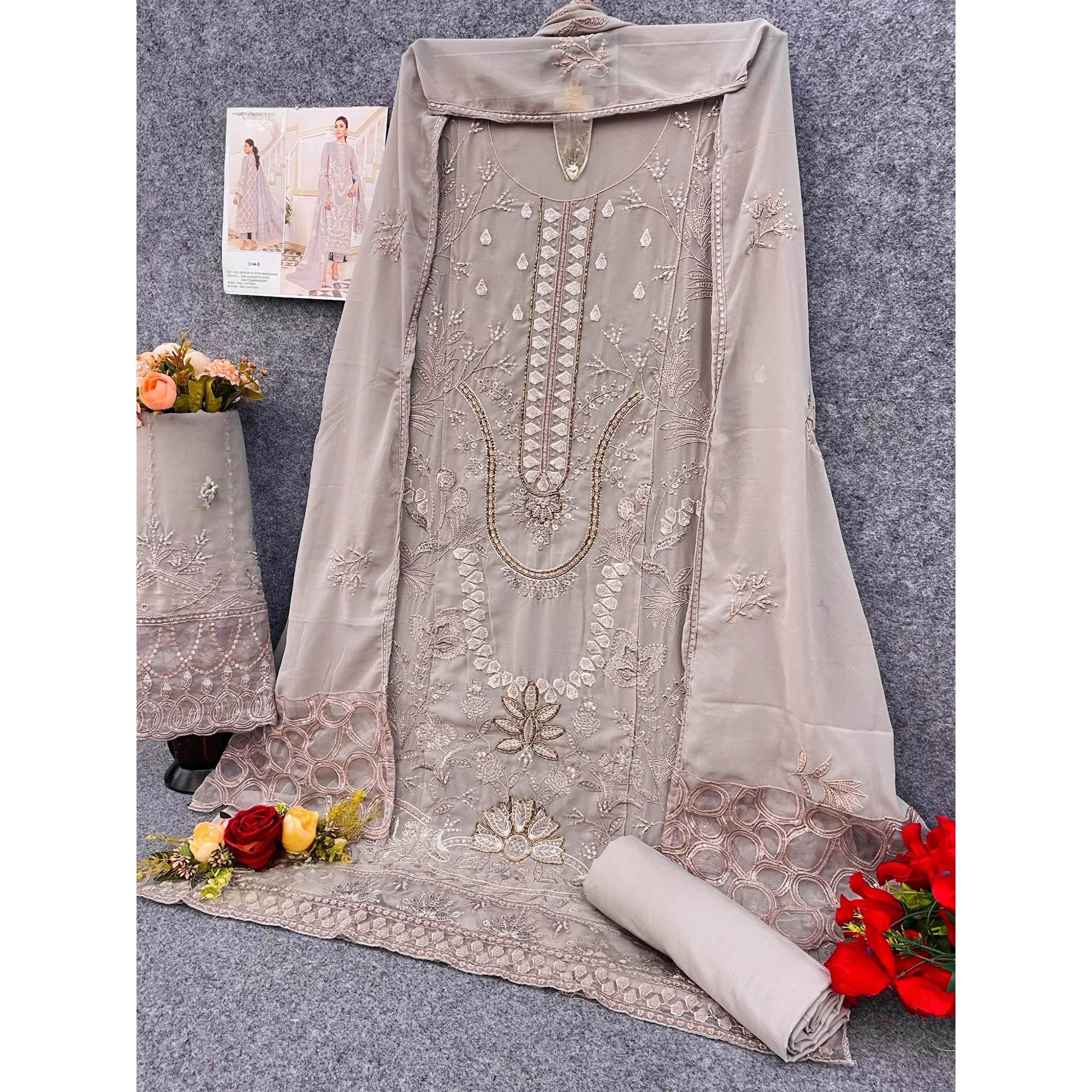 Light Grey Floral Design Dress Material Crafted from Lightweight Georgette Fabric