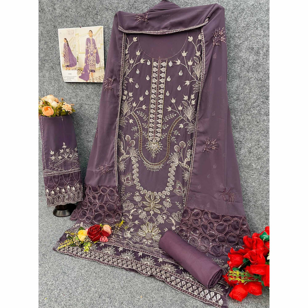 Mauve Floral Design Dress Material Crafted from Lightweight Georgette Fabric