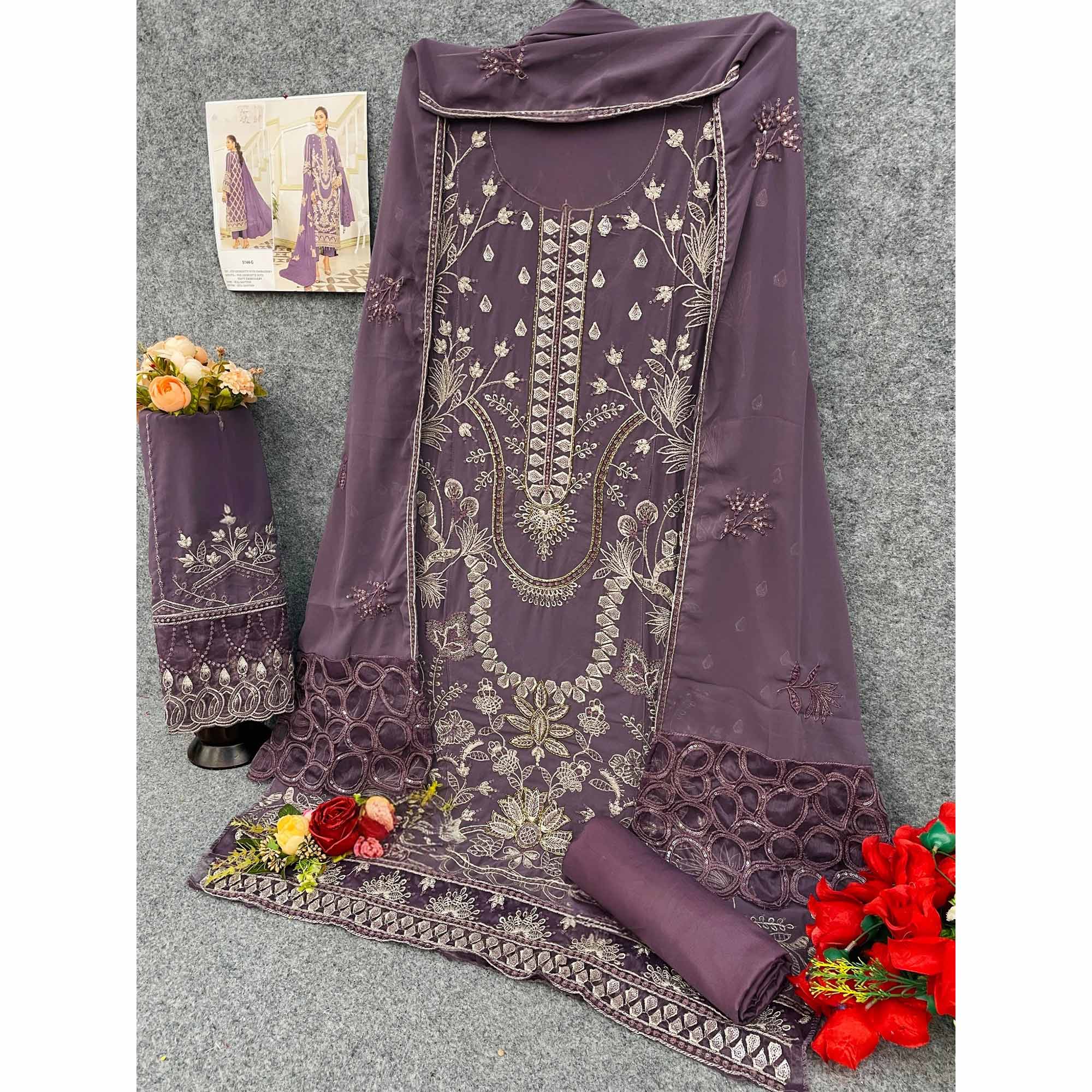 Mauve Floral Design Dress Material Crafted from Lightweight Georgette Fabric