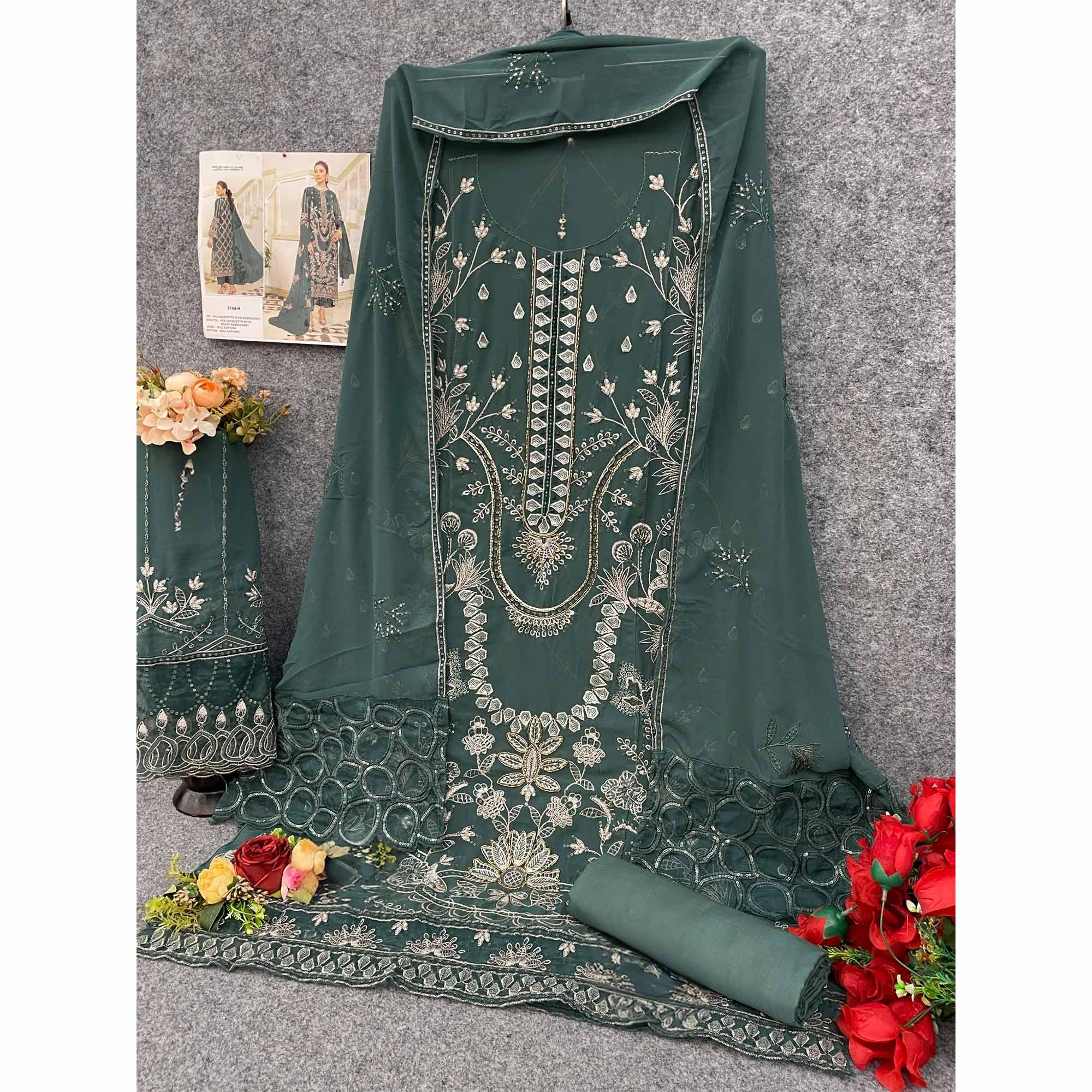 Dusty Green Floral Design Dress Material Crafted from Lightweight Georgette Fabric
