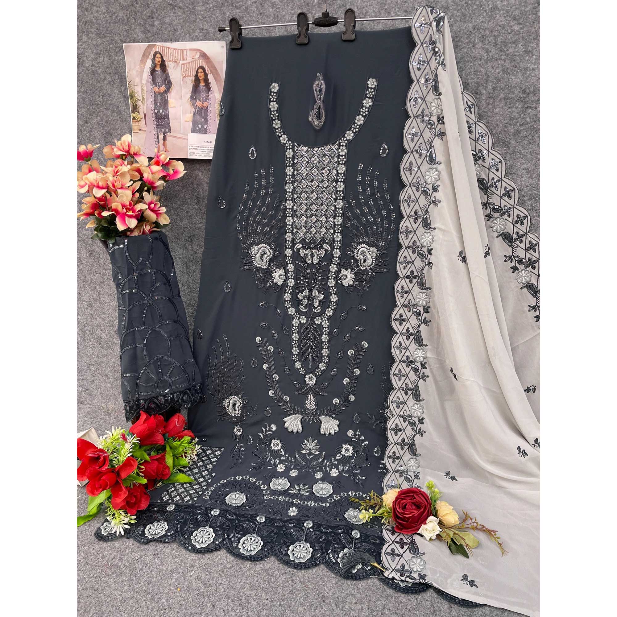 Dark Grey Floral Design Dress Material Crafted from Lightweight Georgette Fabric