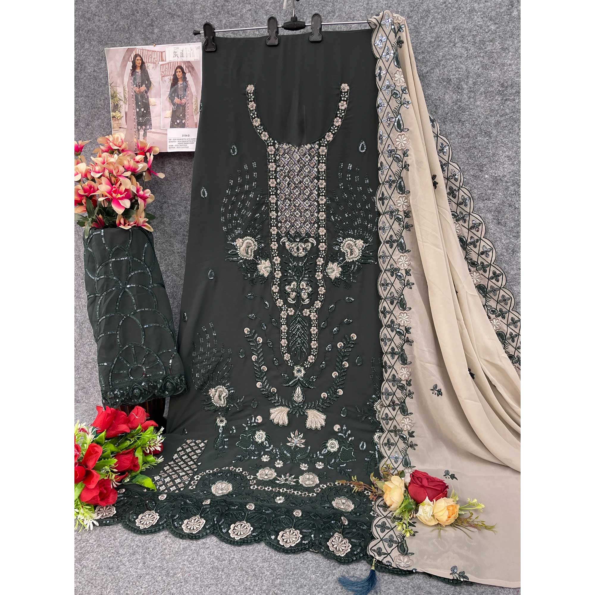 Dark Green Floral Design Dress Material Crafted from Lightweight Georgette Fabric