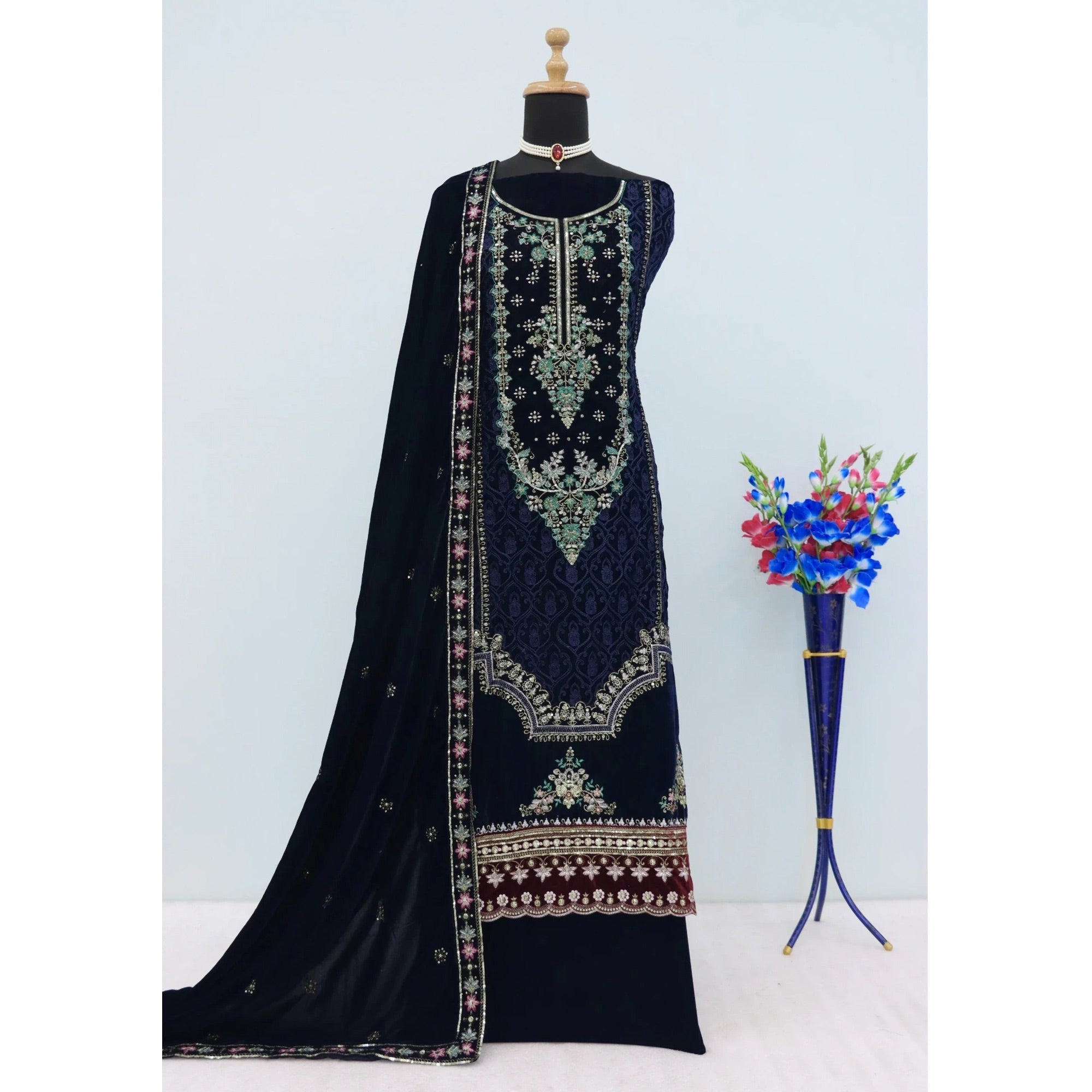 Blue Velvet Dress Material Adorned with Sequins & Thread Embroidery