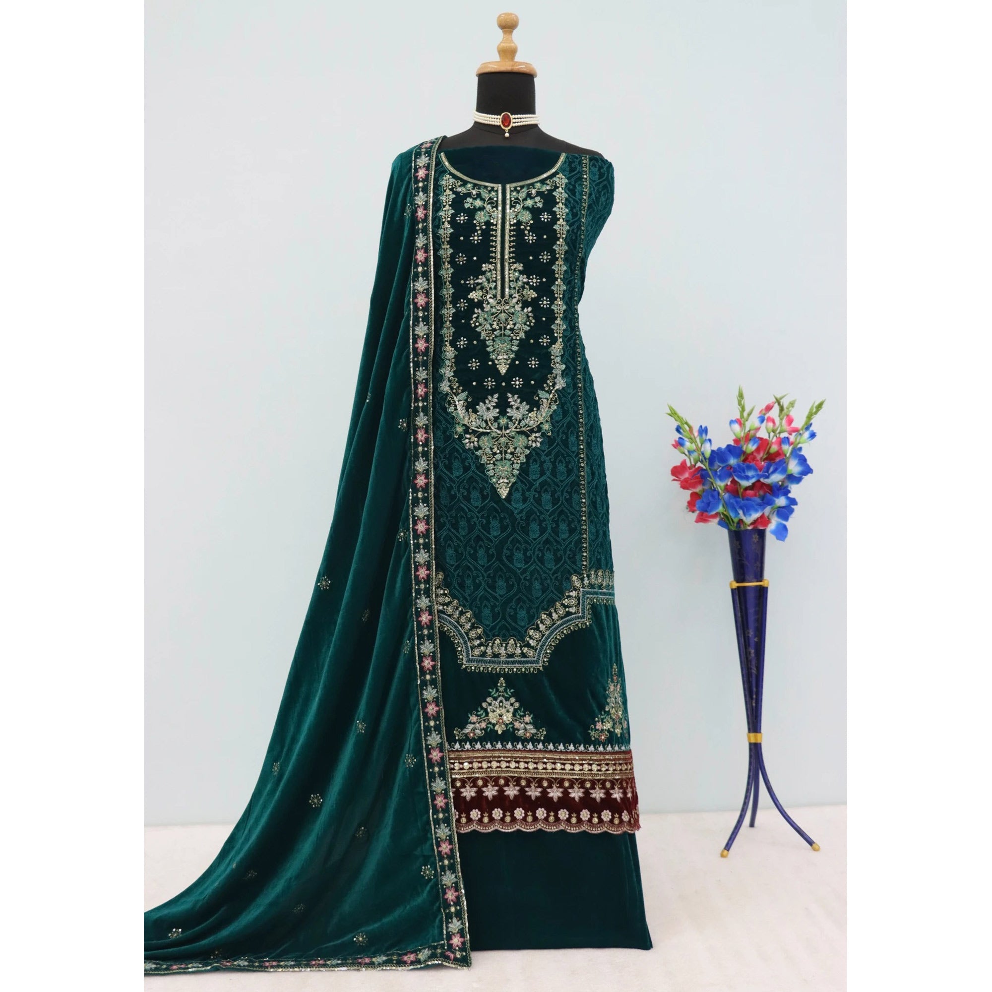 Bottle Green Velvet Dress Material Adorned with Sequins & Thread Embroidery