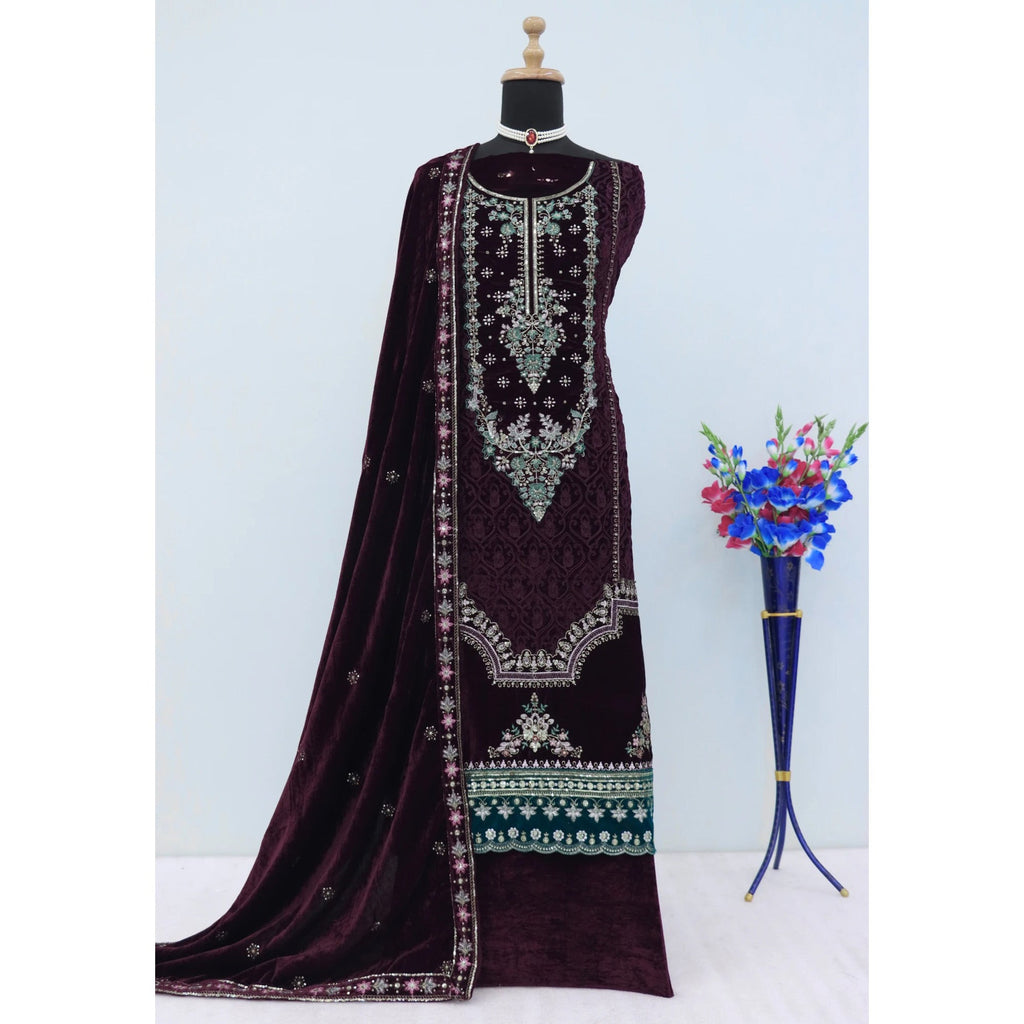 Dark Purple Velvet Dress Material Adorned with Sequins & Thread Embroidery