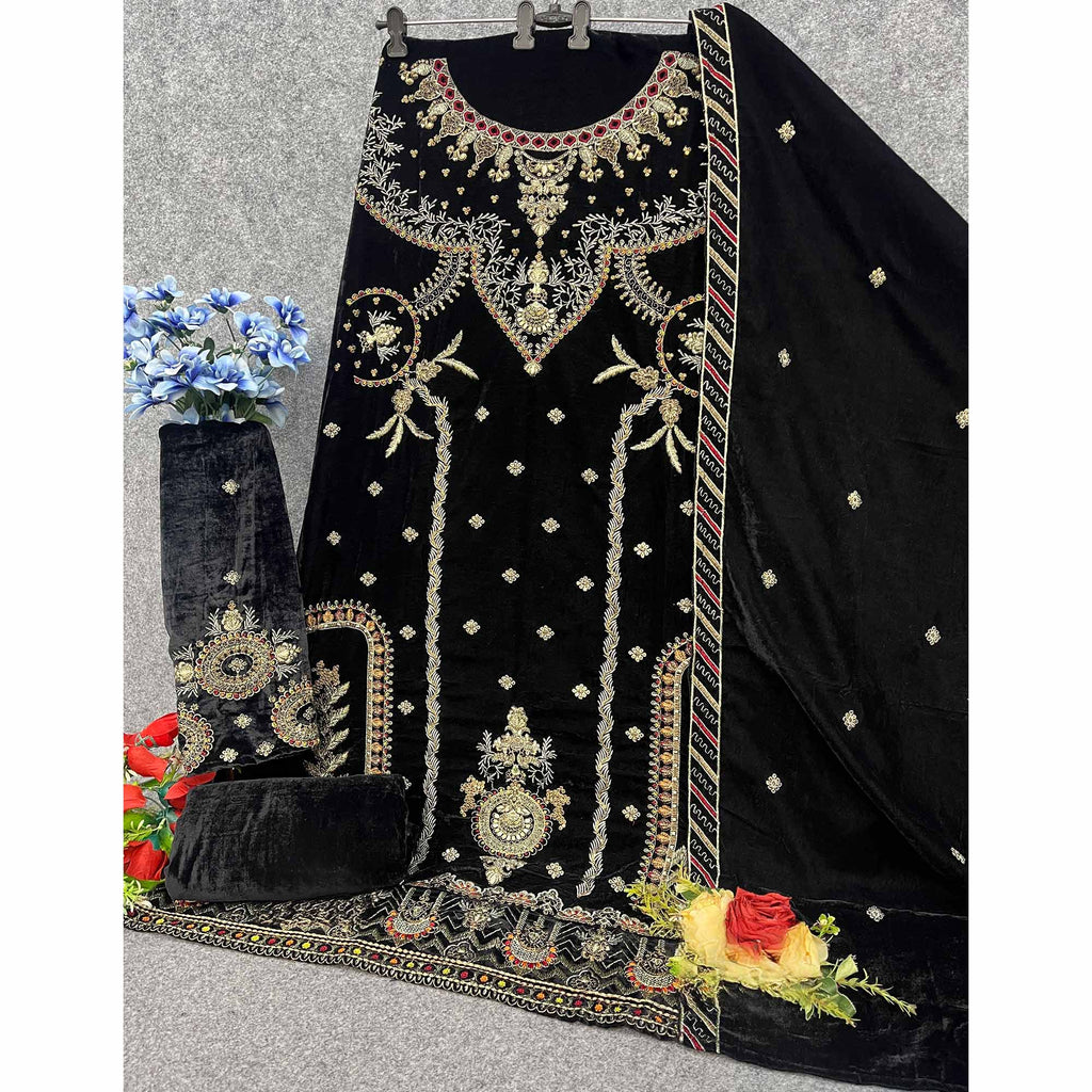 Black Velvet Dress Material Adorned with Sequins & Thread Embroidery