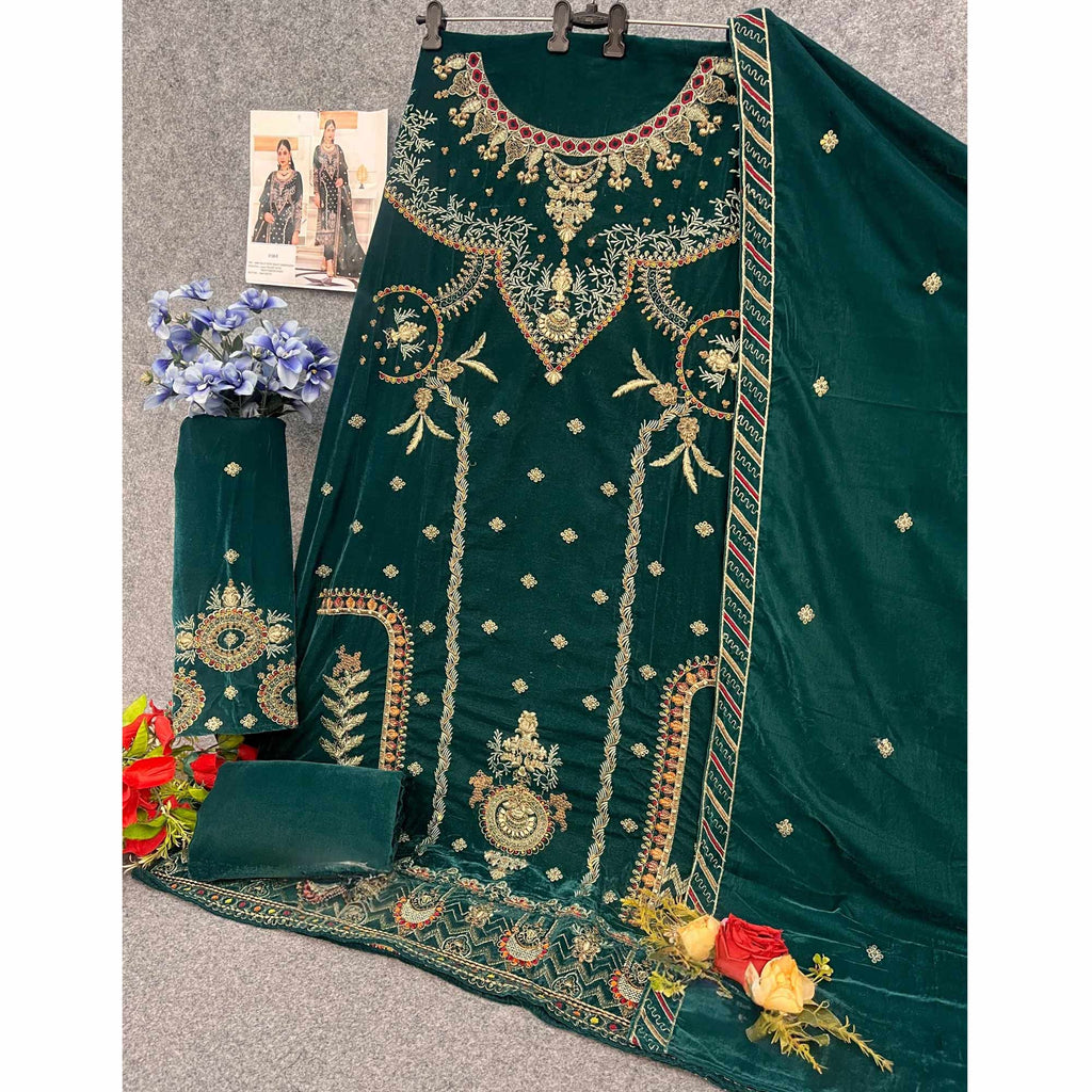 Green Velvet Dress Material Adorned with Sequins & Thread Embroidery