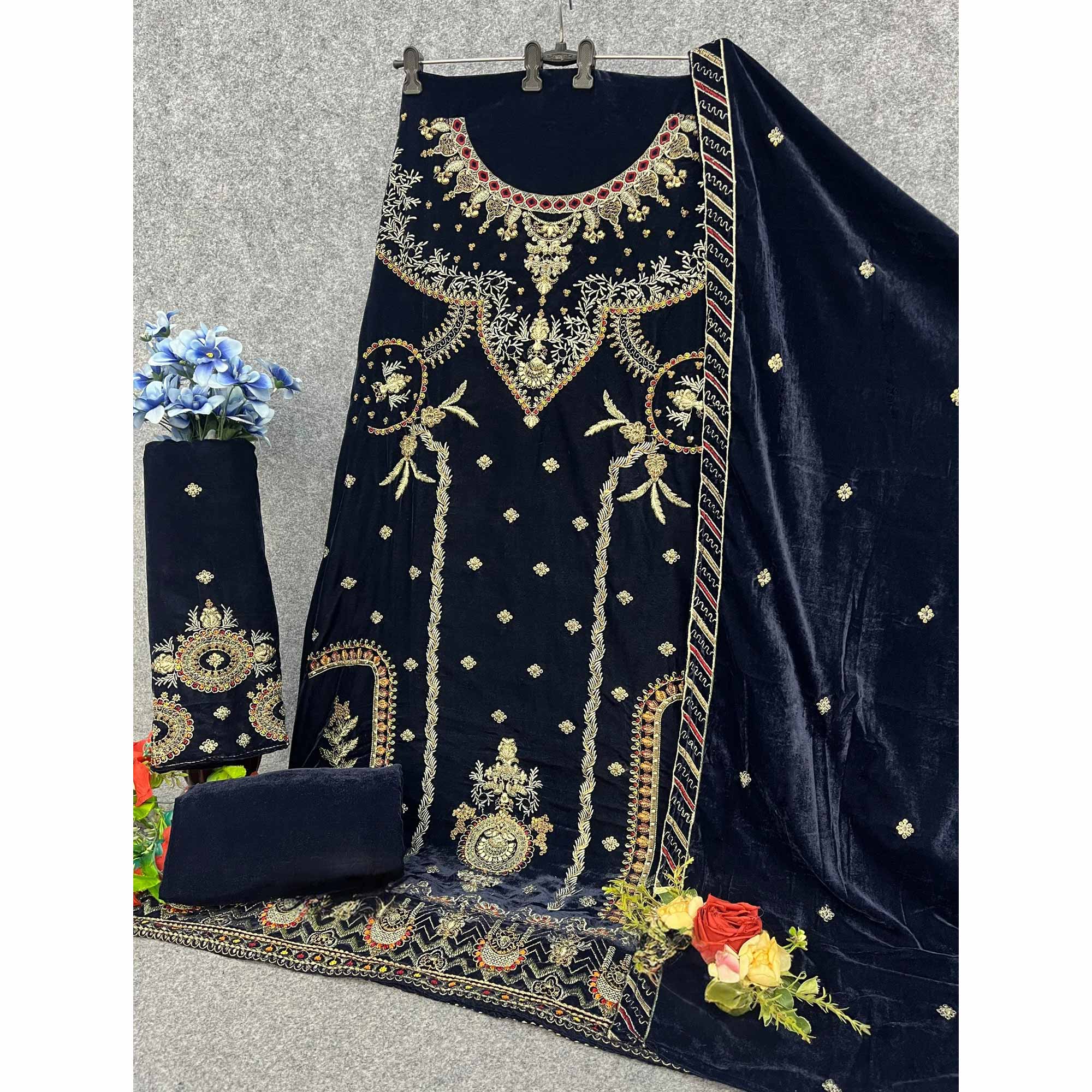 Navy Blue Velvet Dress Material Adorned with Sequins & Thread Embroidery