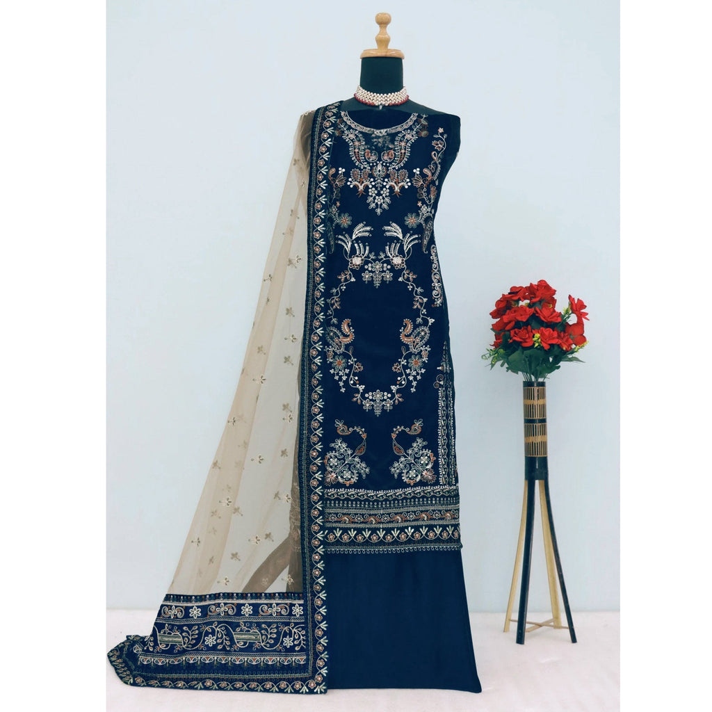 Dark Blue Velvet Dress Material Adorned with Sequins & Thread Embroidery