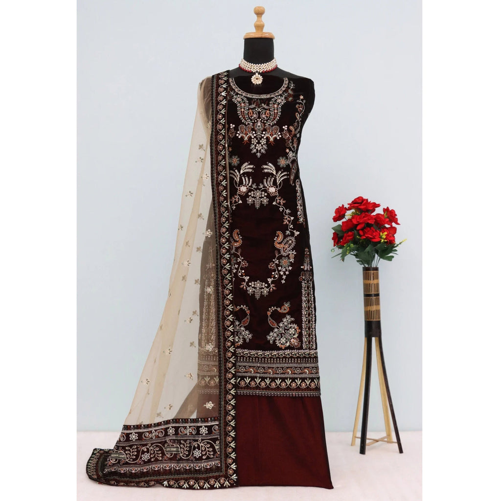 Dark Brown Velvet Dress Material Adorned with Sequins & Thread Embroidery