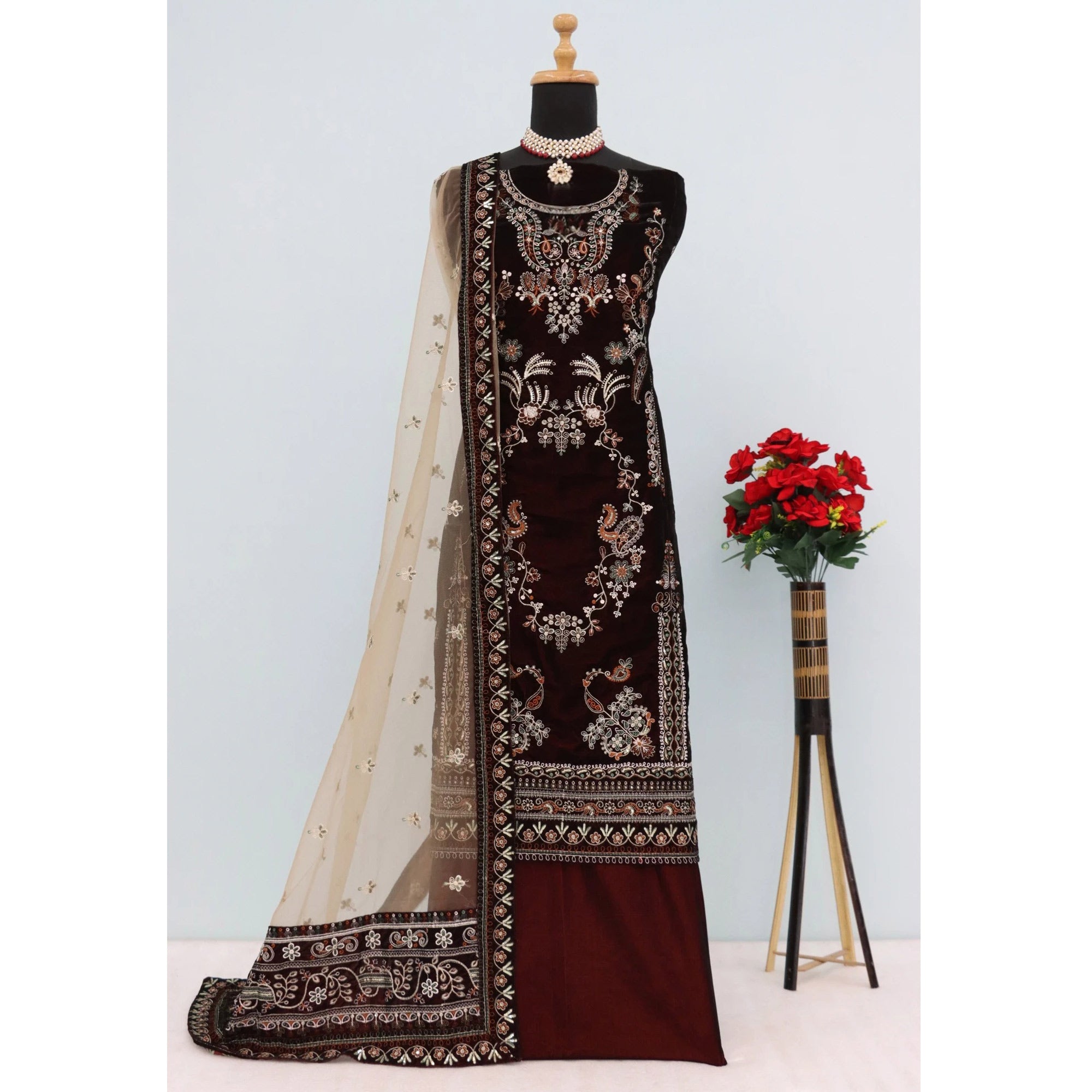 Dark Brown Velvet Dress Material Adorned with Sequins & Thread Embroidery