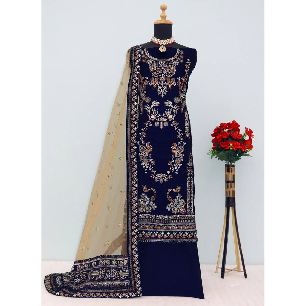 Navy Blue Velvet Dress Material Adorned with Sequins & Thread Embroidery