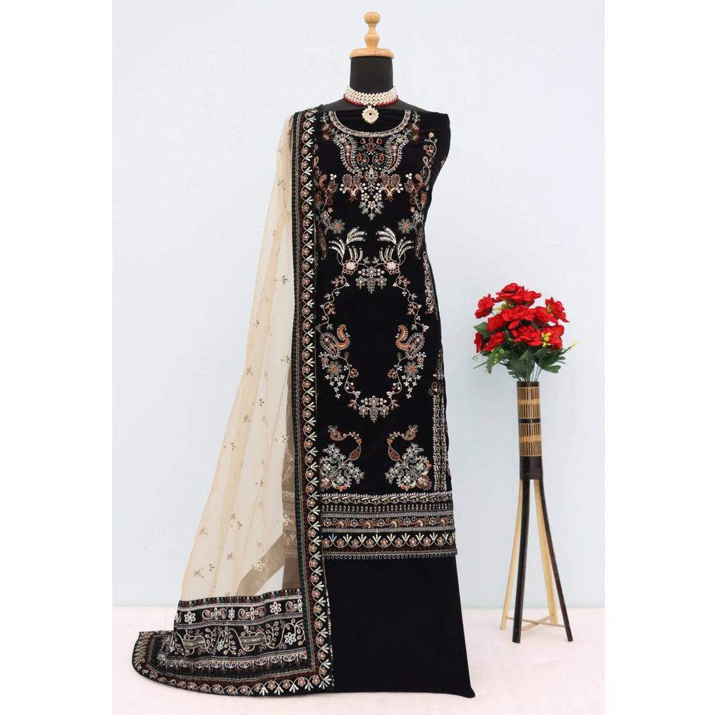 Black Velvet Dress Material Adorned with Sequins & Thread Embroidery