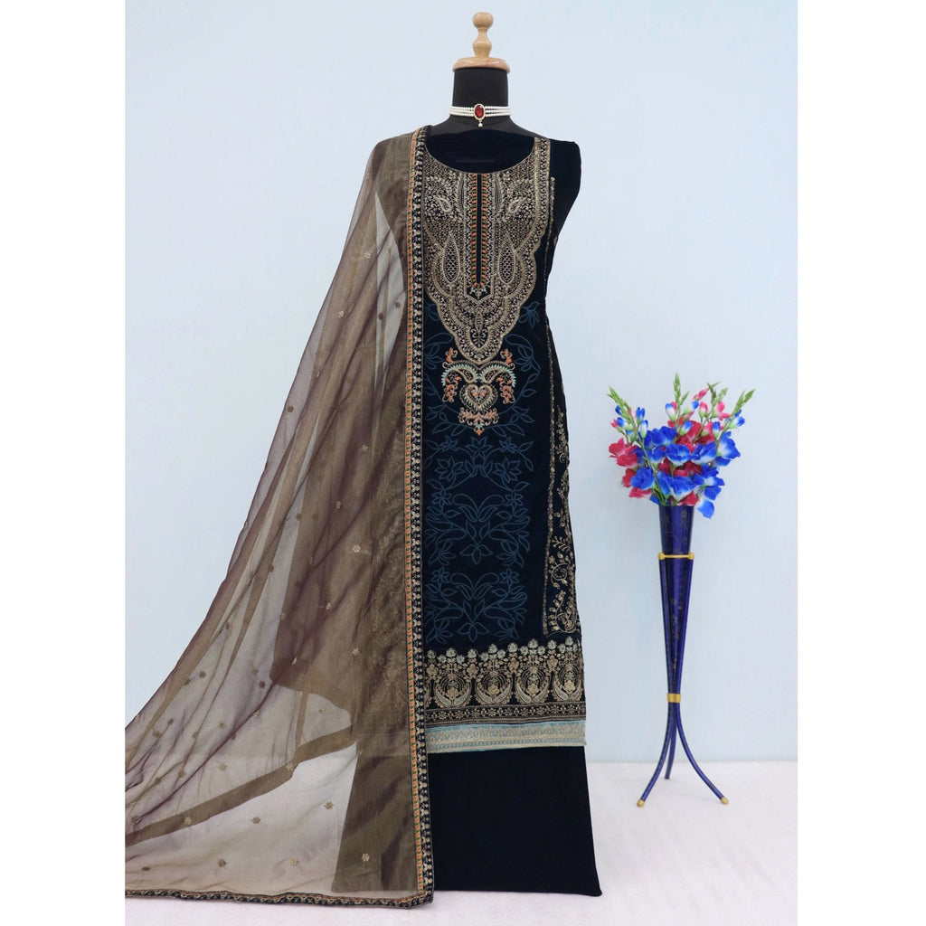 Navy Blue Velvet Dress Material Adorned with Sequins & Thread Embroidery