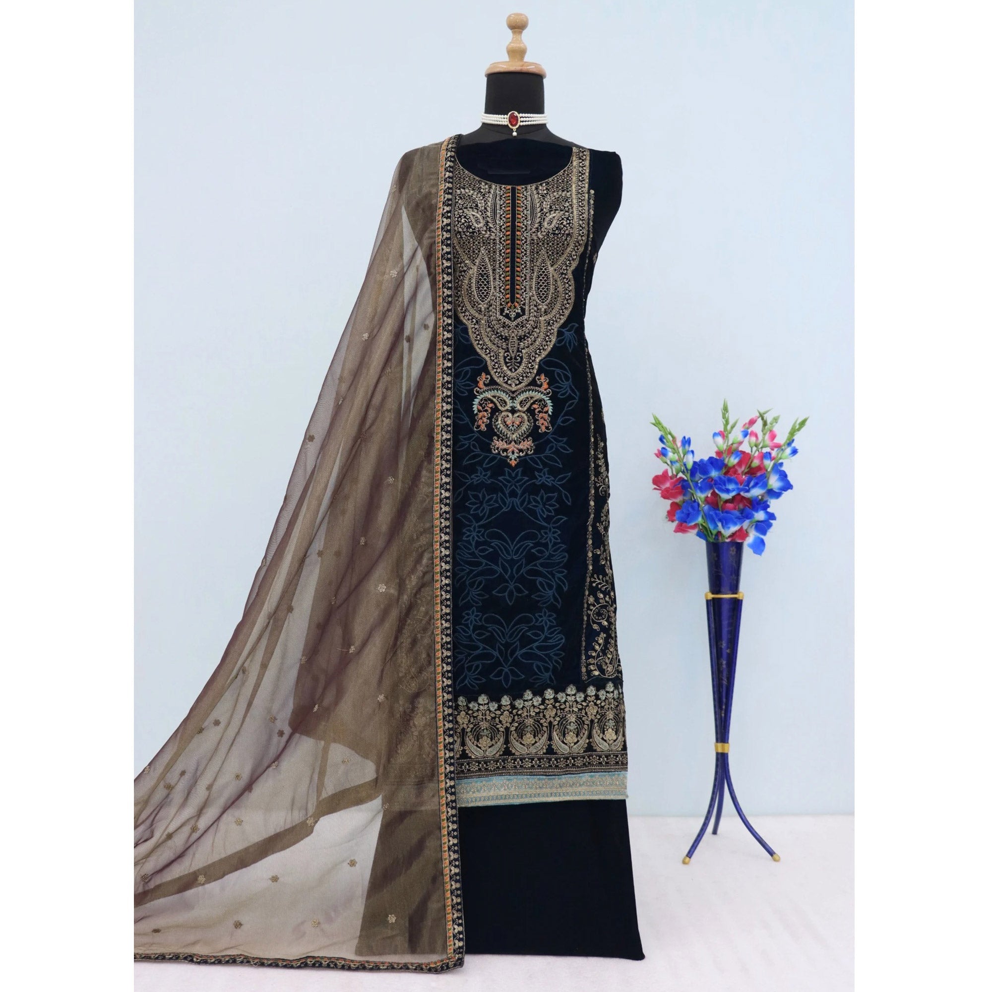 Navy Blue Velvet Dress Material Adorned with Sequins & Thread Embroidery