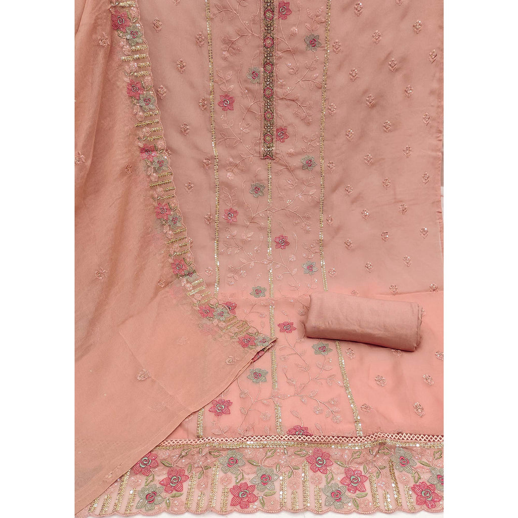 Peach Floral Embroidered Organza Dress Material