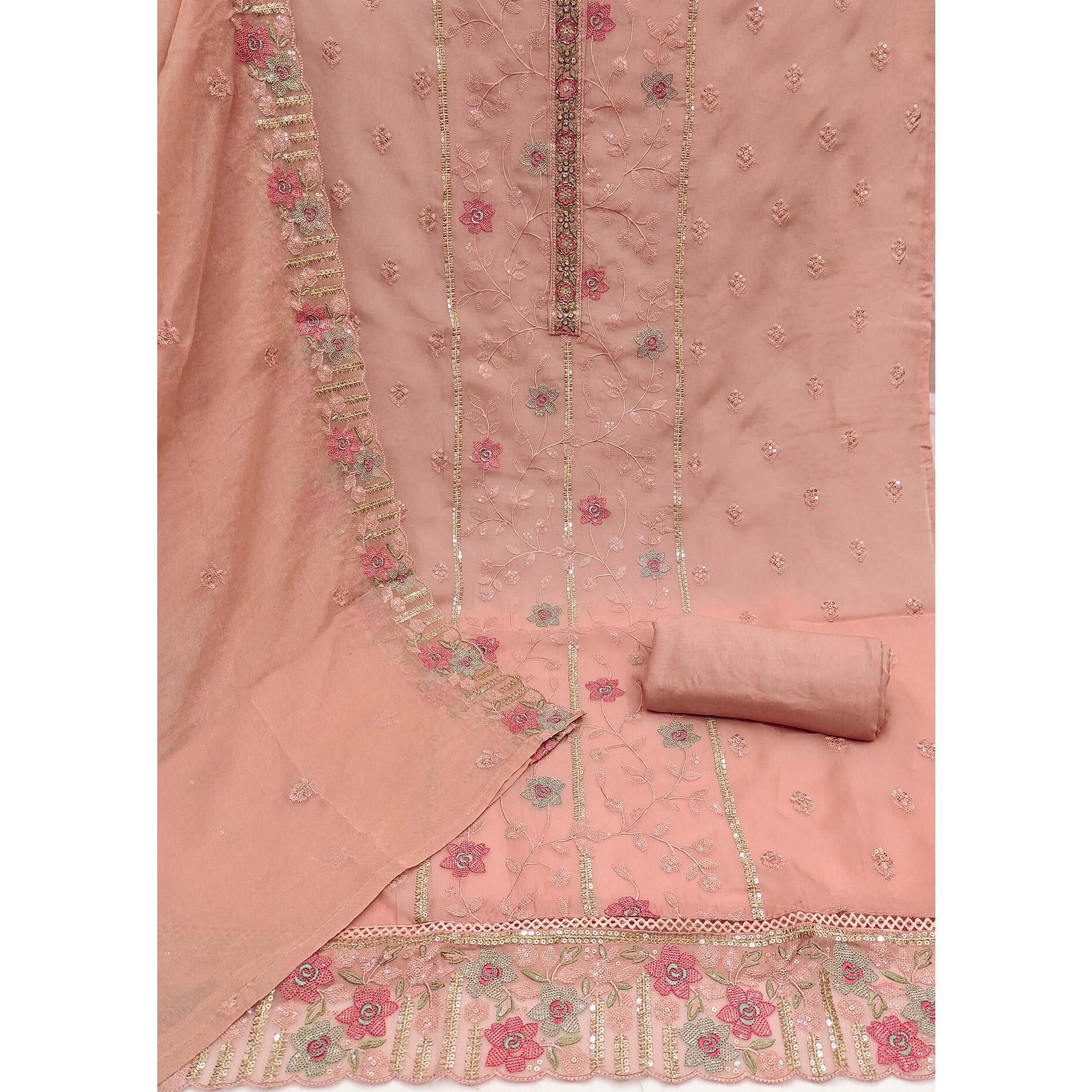 Peach Floral Embroidered Organza Dress Material