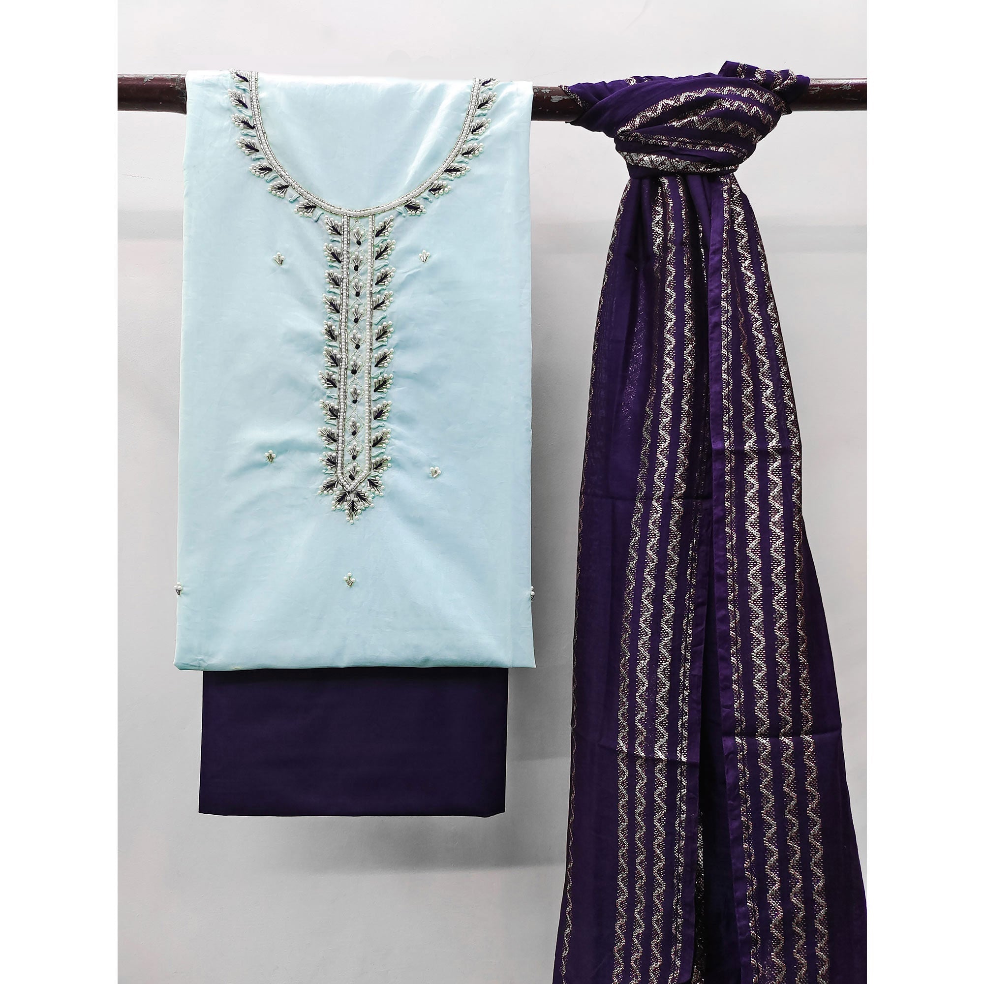 Blue Zardosi Moti Work Pure Cotton Dress Material