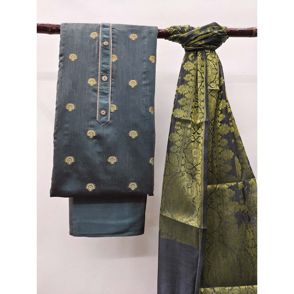 Grey Floral Woven Banarasi Silk Dress Material