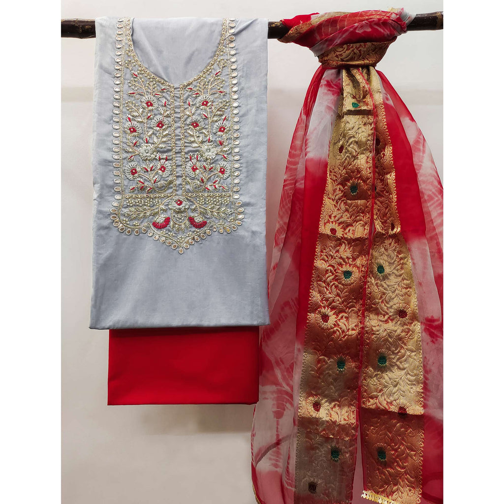 Grey Floral Embroidered Pure Cotton Dress Material