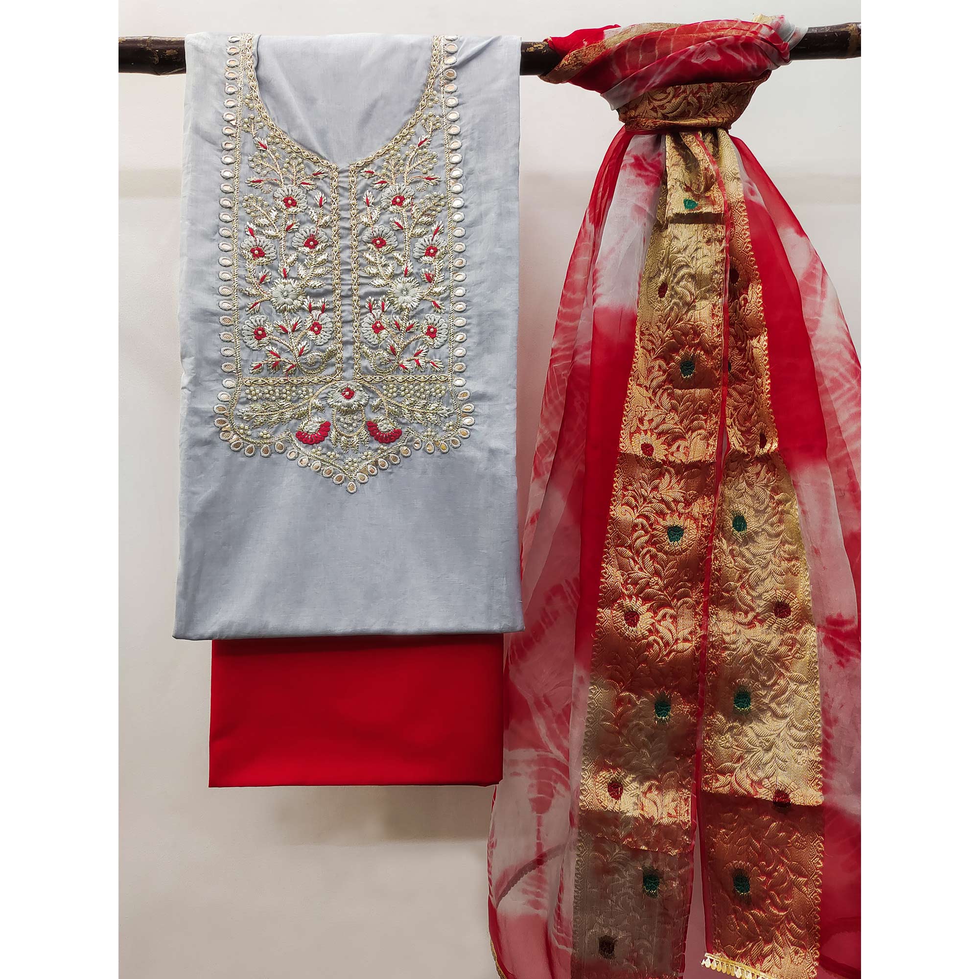 Grey Floral Embroidered Pure Cotton Dress Material