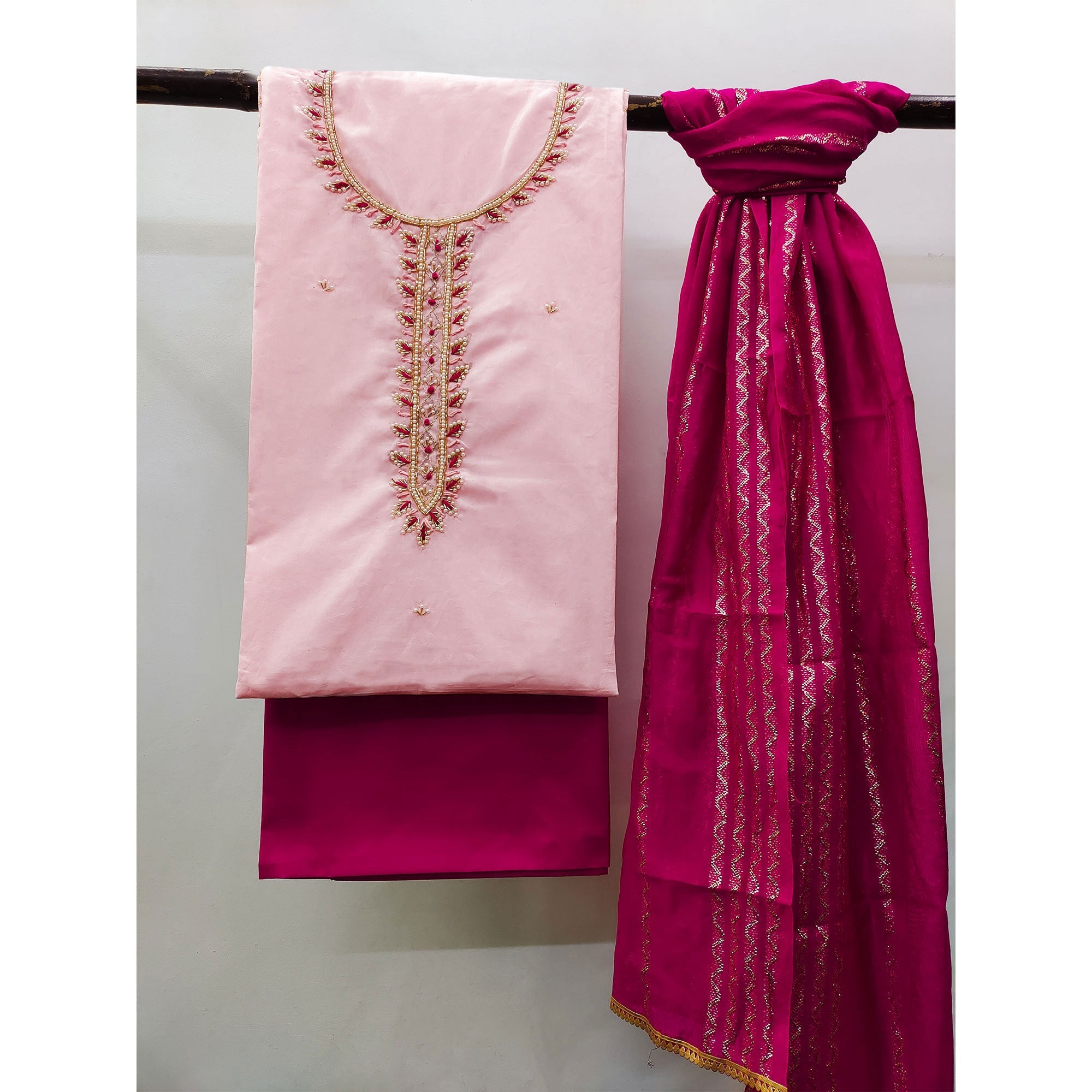 Pink Zardosi Moti Work Pure Cotton Dress Material