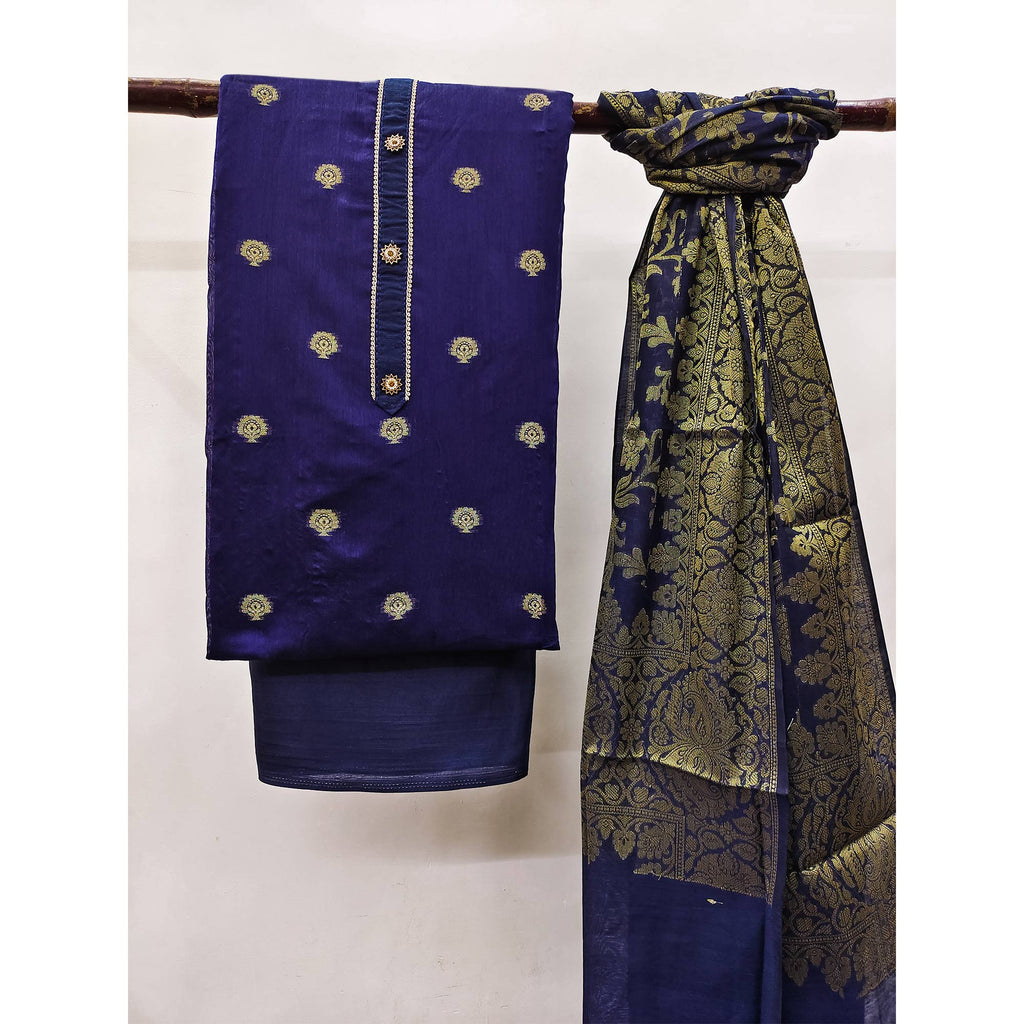 Navy Blue Floral Woven Banarasi Silk Dress Material