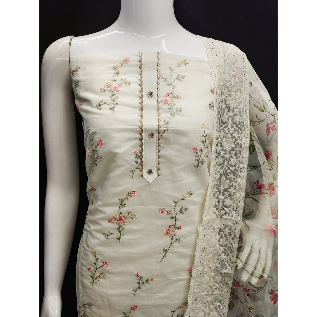 Off White Sequins Floral Embroidered Chanderi Dress Material