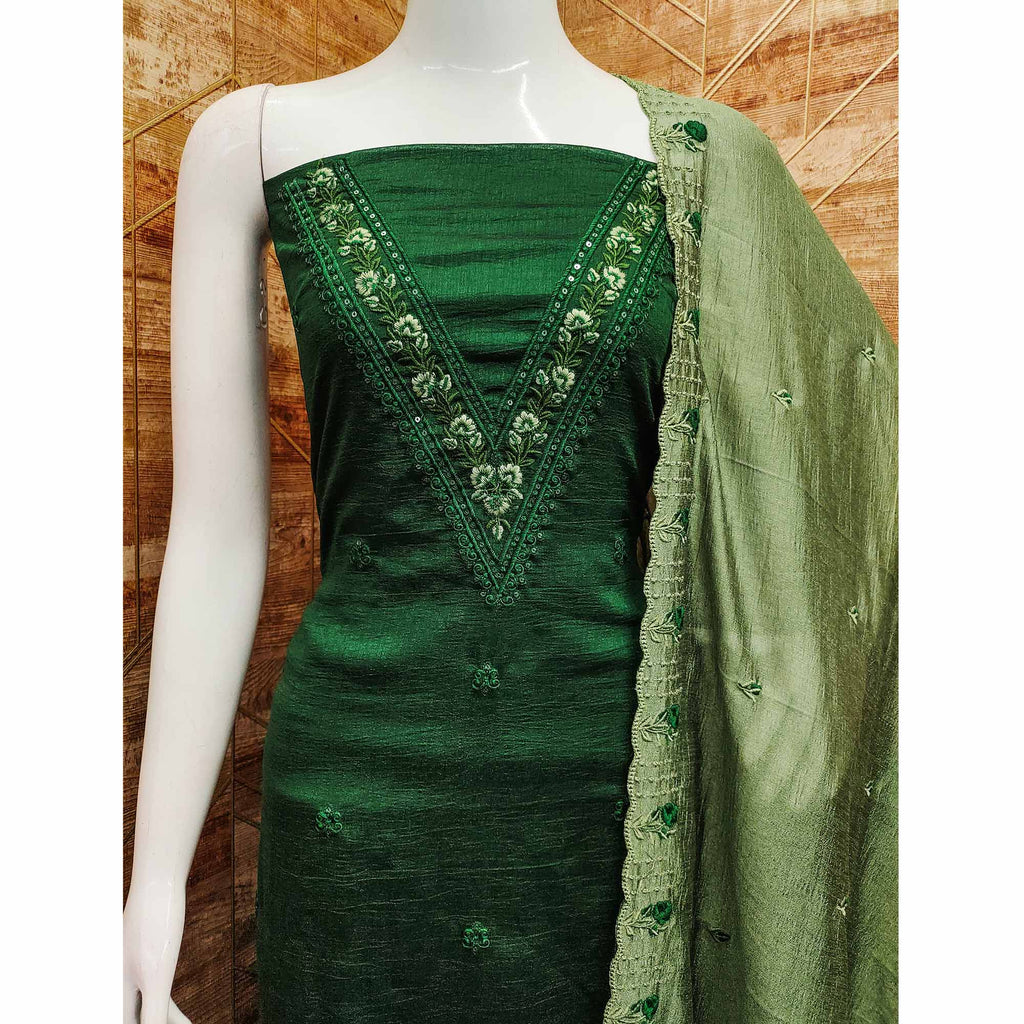 Green Floral Emboidered Vichitra Silk Dress Material