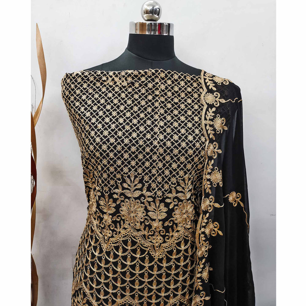 Black Floral Embroidered Georgette Dress Material