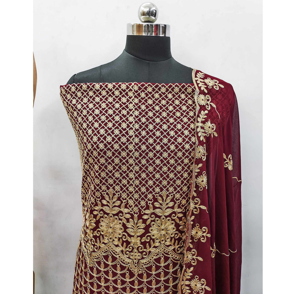 Maroon Floral Embroidered Georgette Dress Material