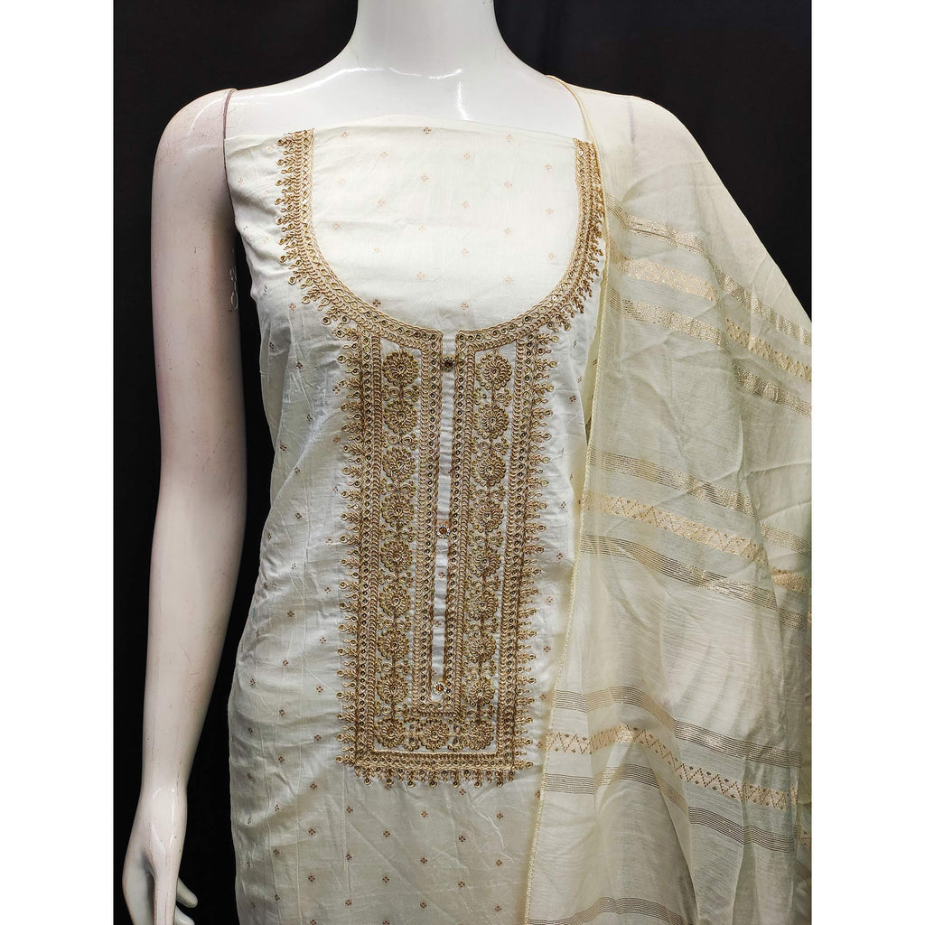 Off White Butti With Embroidered Chanderi Silk Dress Material