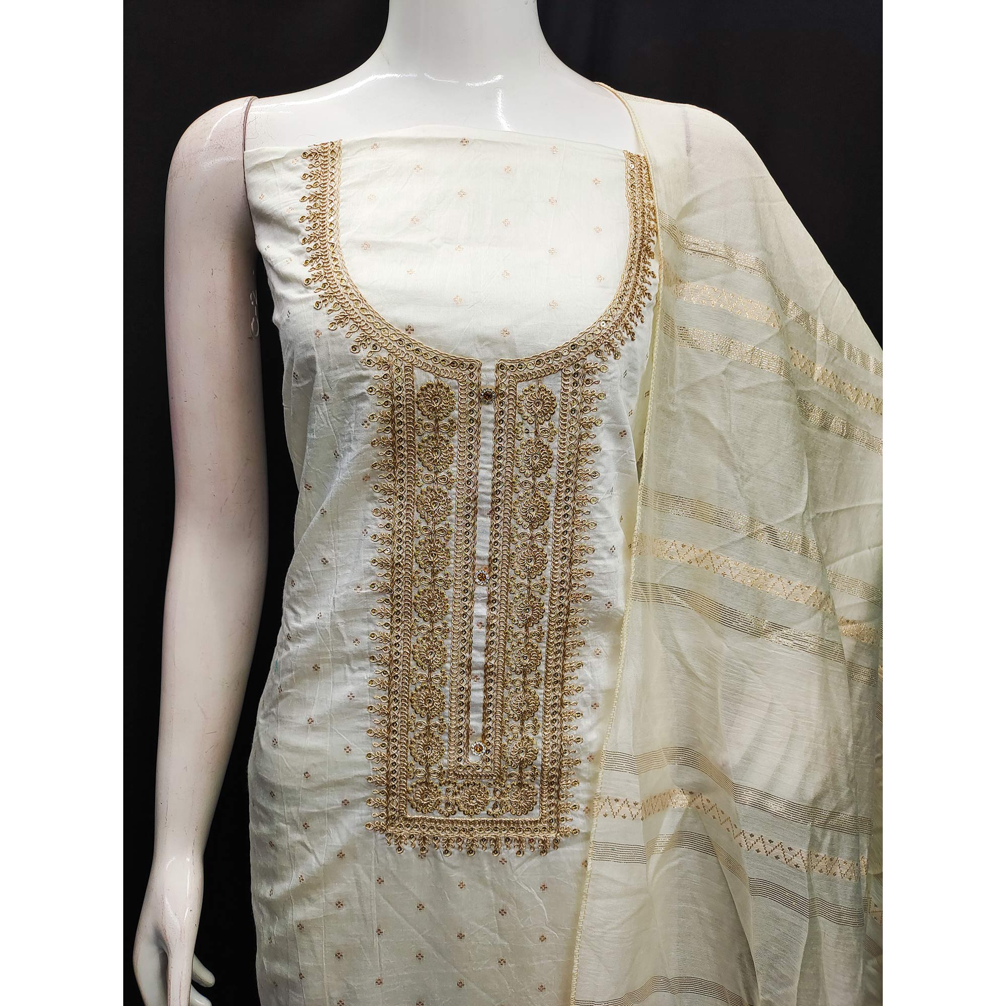Off White Butti With Embroidered Chanderi Silk Dress Material