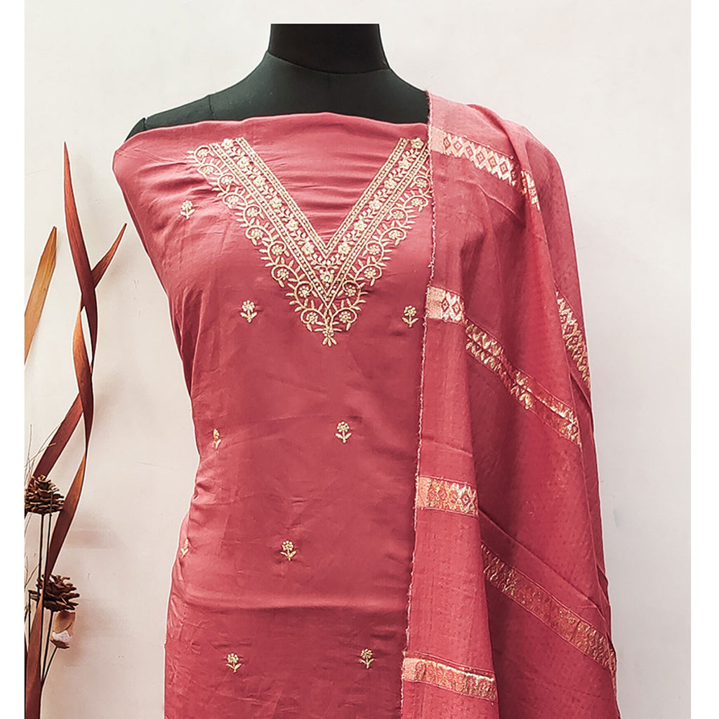 Pink Floral Embroidered Viscose Dress Material