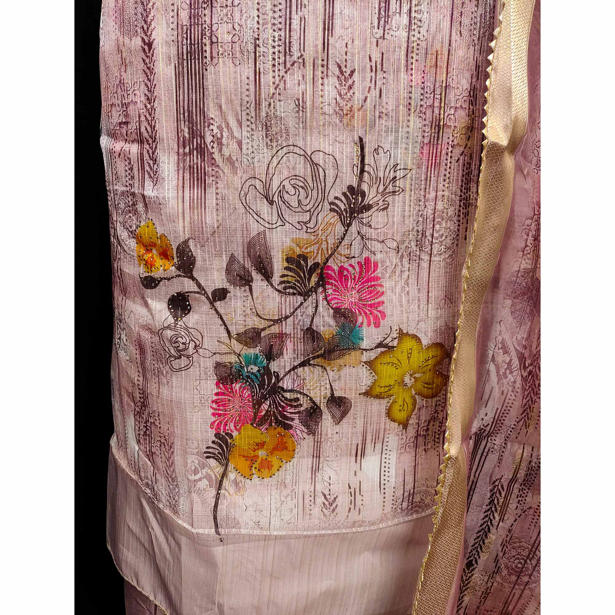 Mauve Floral Printed With Swarovski Work Organza Dress Material
