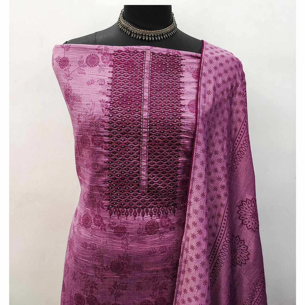 Mauve Sequins Embroidered Vichitra Silk Dress Material