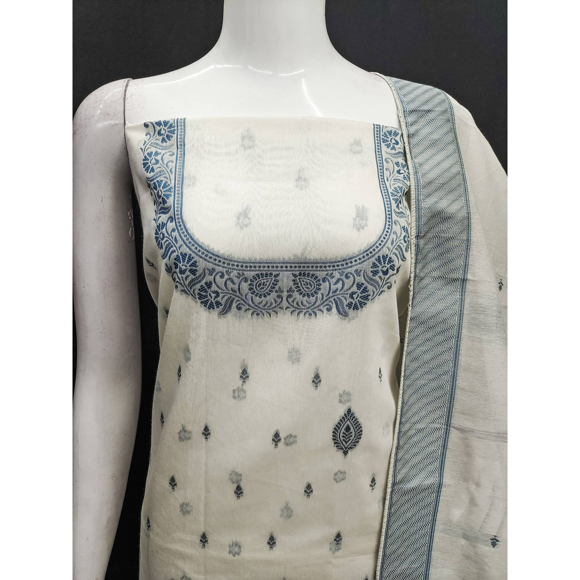 Off White Woven Pure Cotton Dress Material