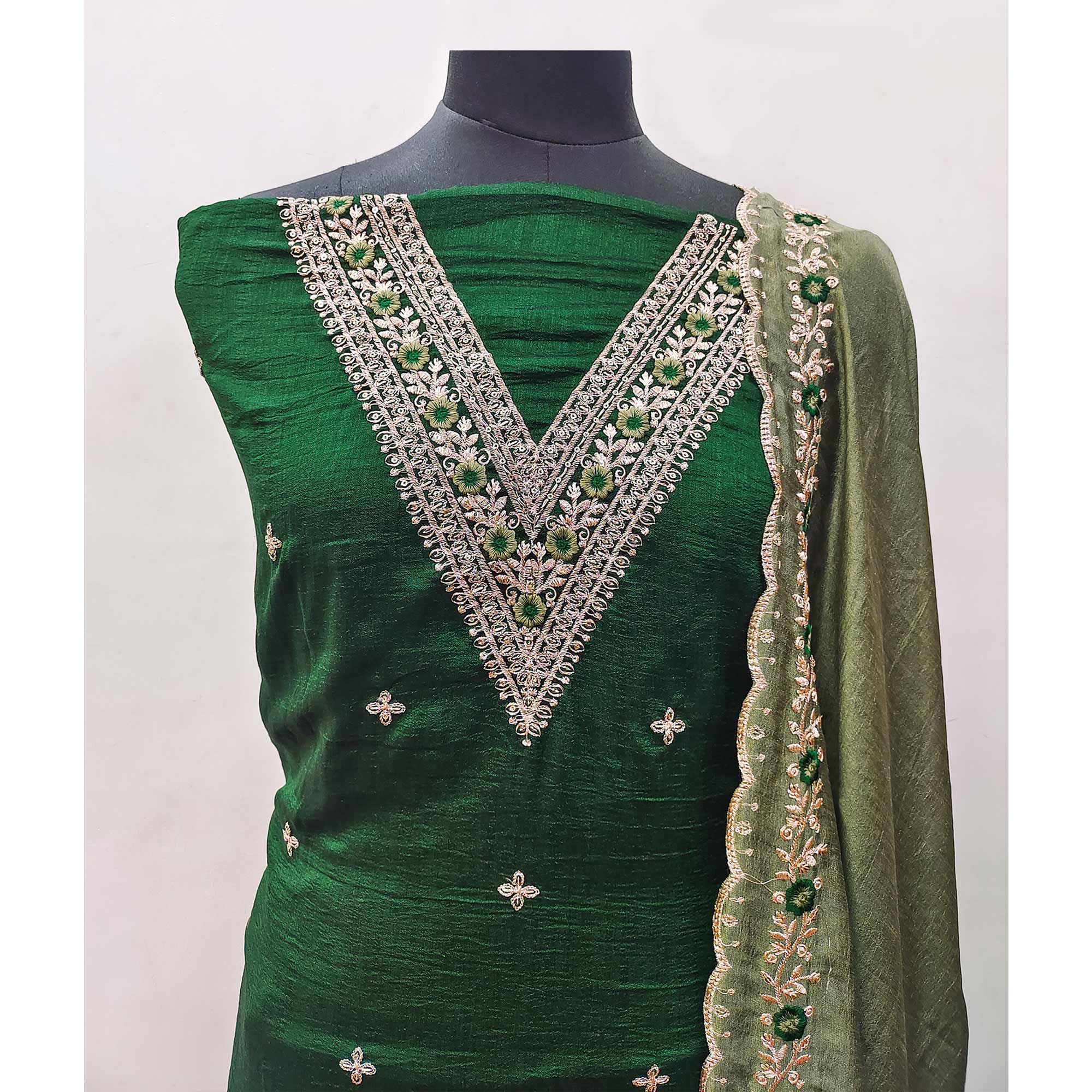 Green Floral Embroidered Vichitra Silk Dress Material