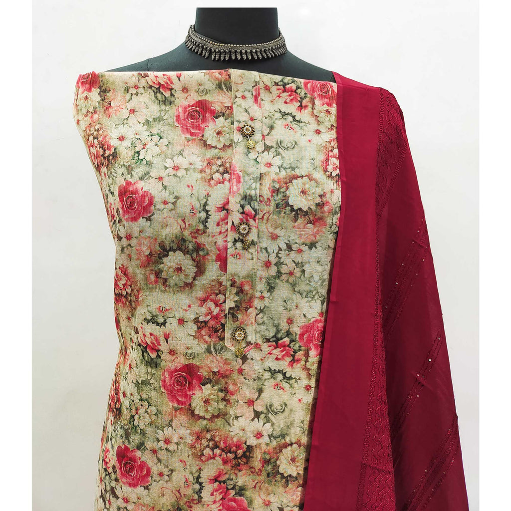 Beige Floral Printed Cotton Silk Dress Material