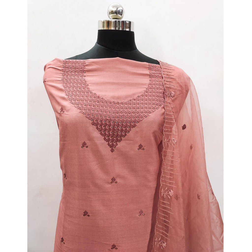 Peach Sequins Embroidered Art Silk Dress Material