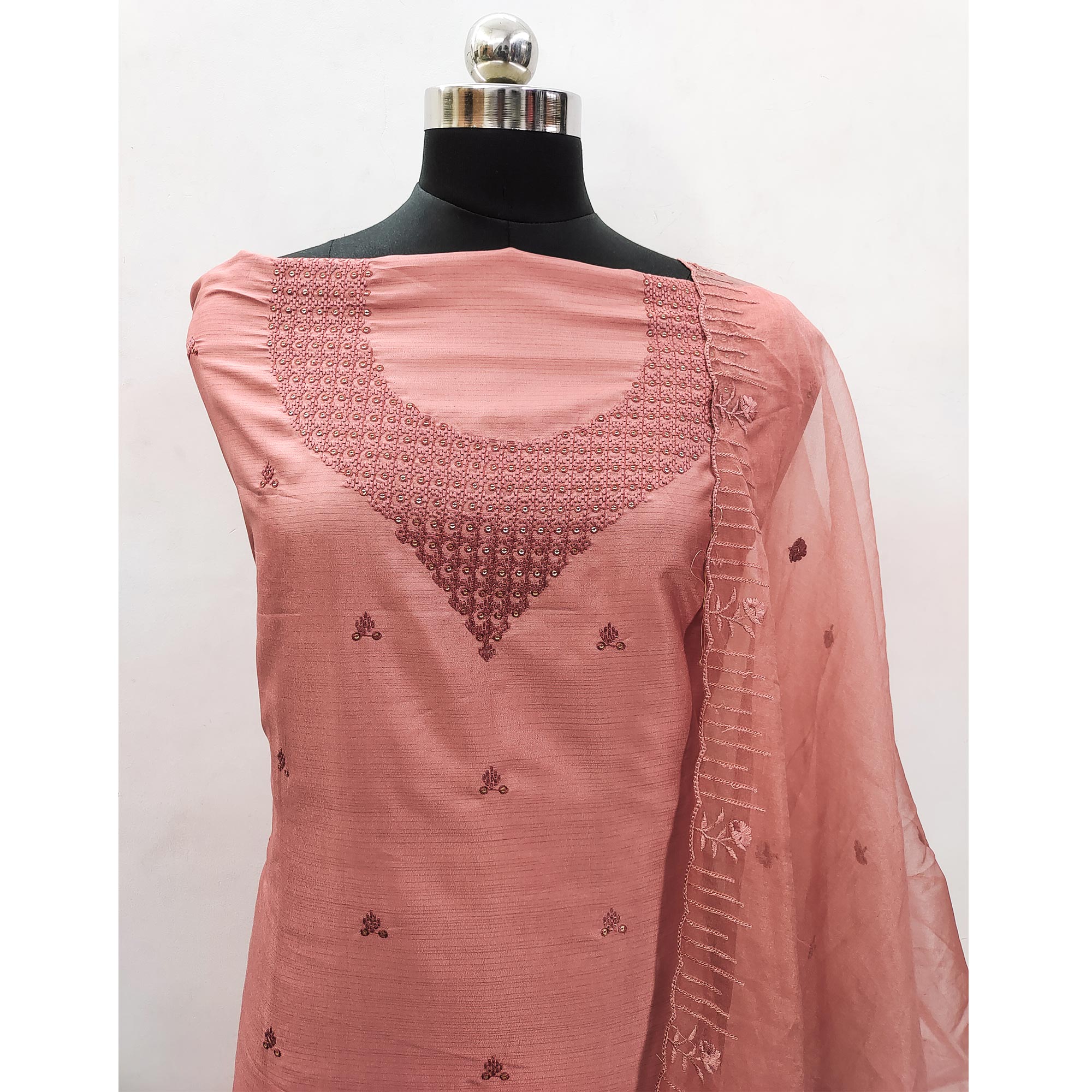 Peach Sequins Embroidered Art Silk Dress Material