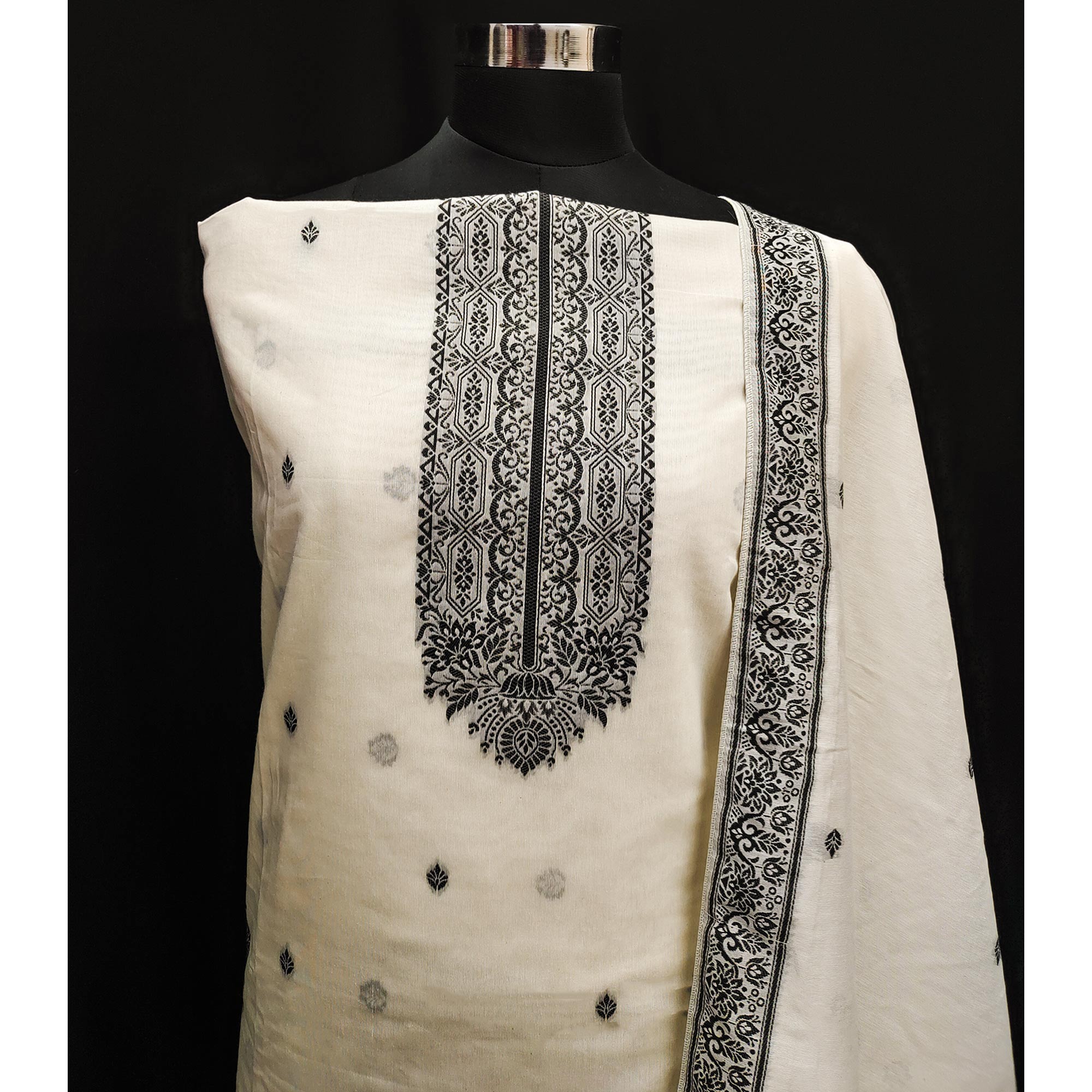 Off White & Black Woven Pure Cotton Dress Material