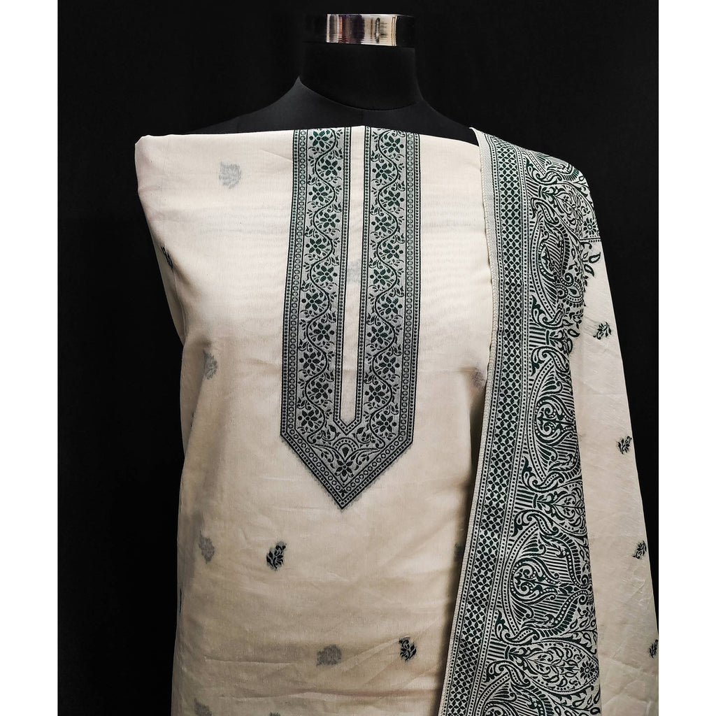 Off White & Green Woven Pure Cotton Dress Material