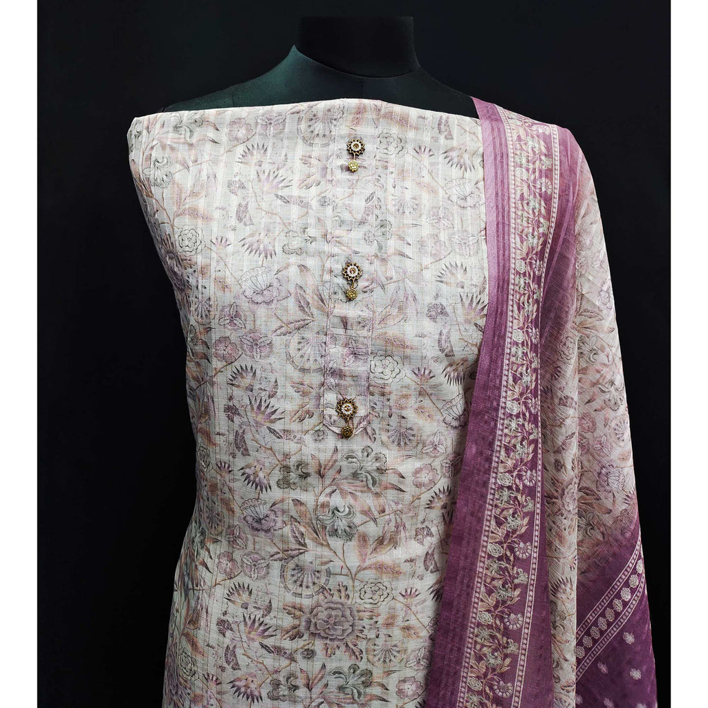 Cream Floral Printed Linen Dress Material