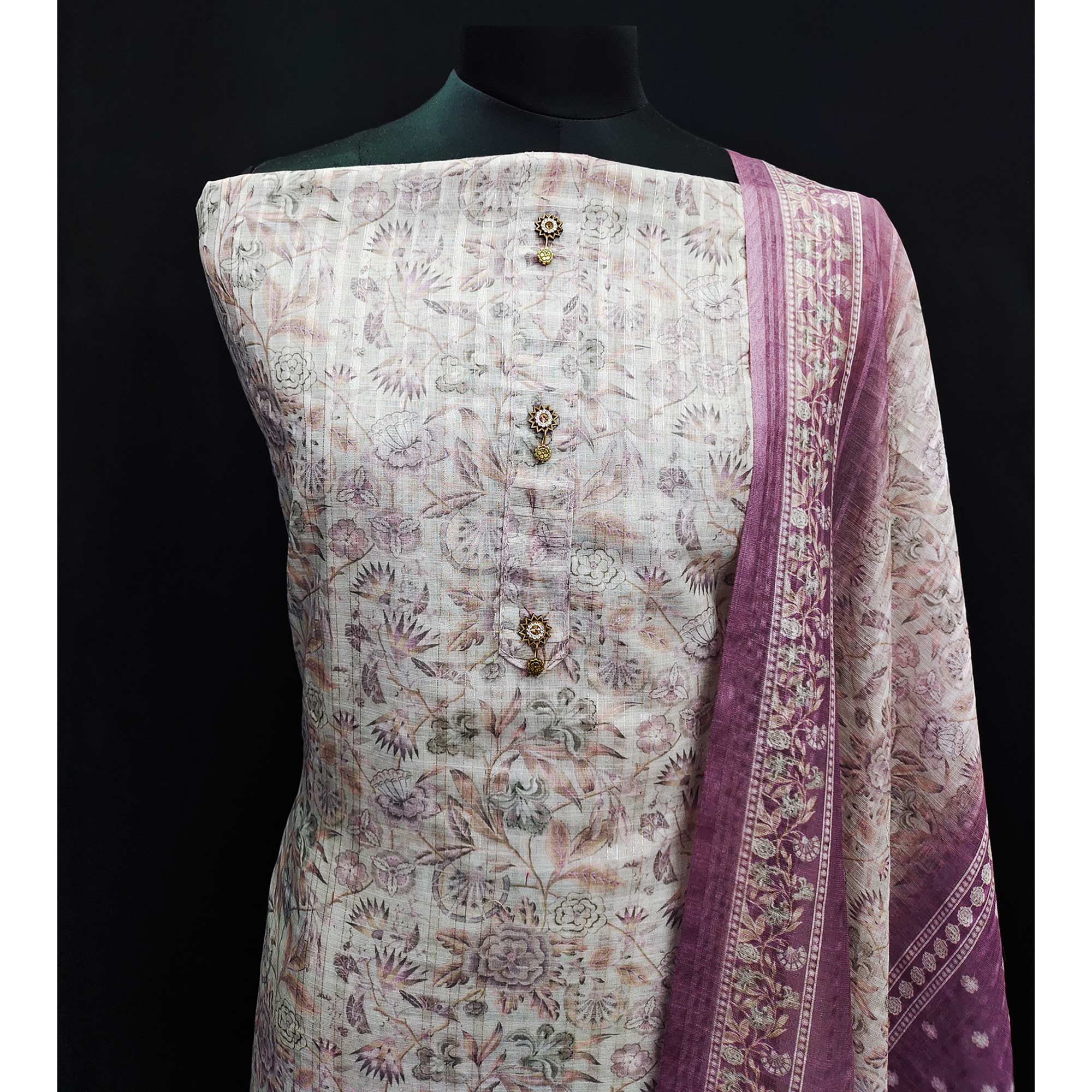 Cream Floral Printed Linen Dress Material