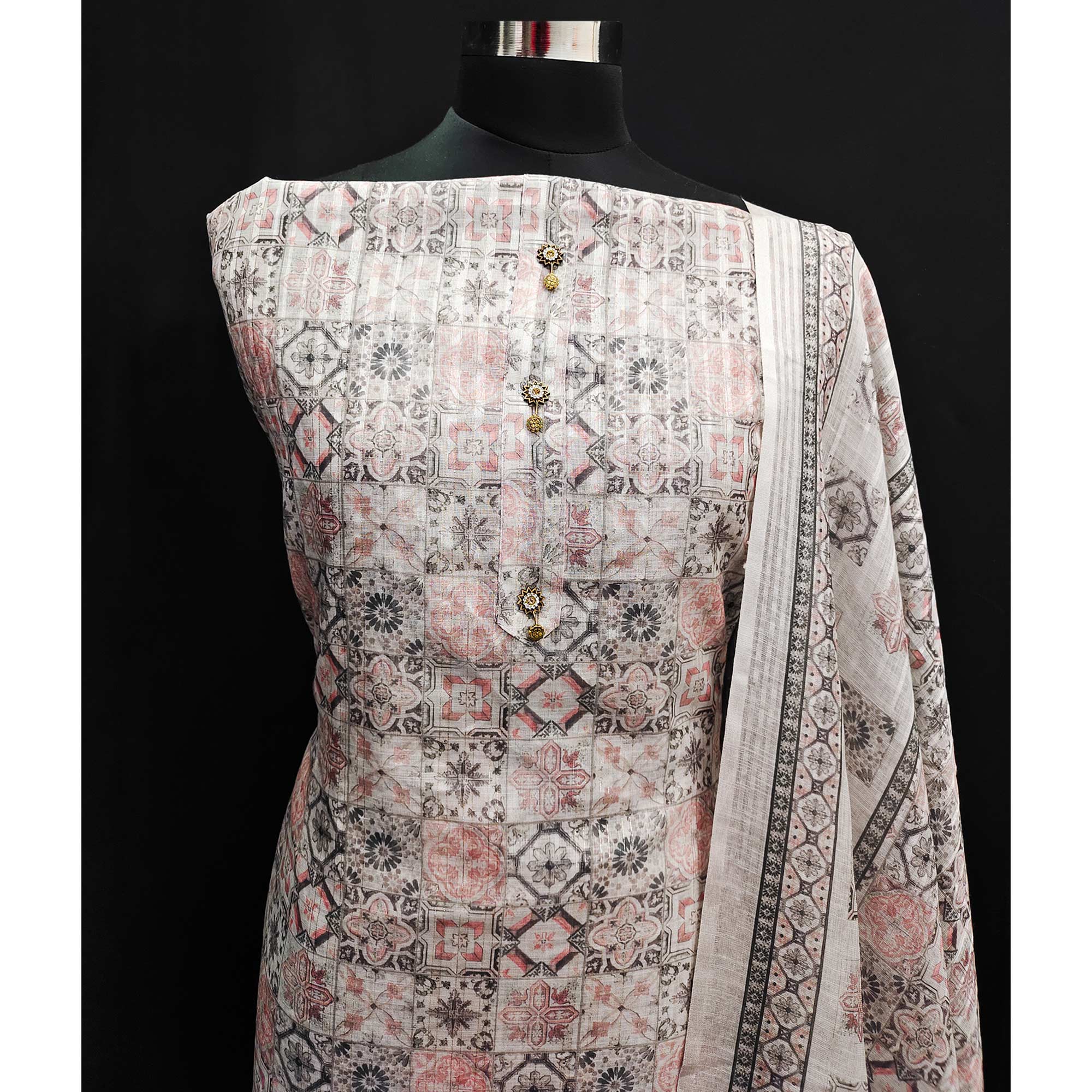 Grey Floral Printed Linen Dress Material